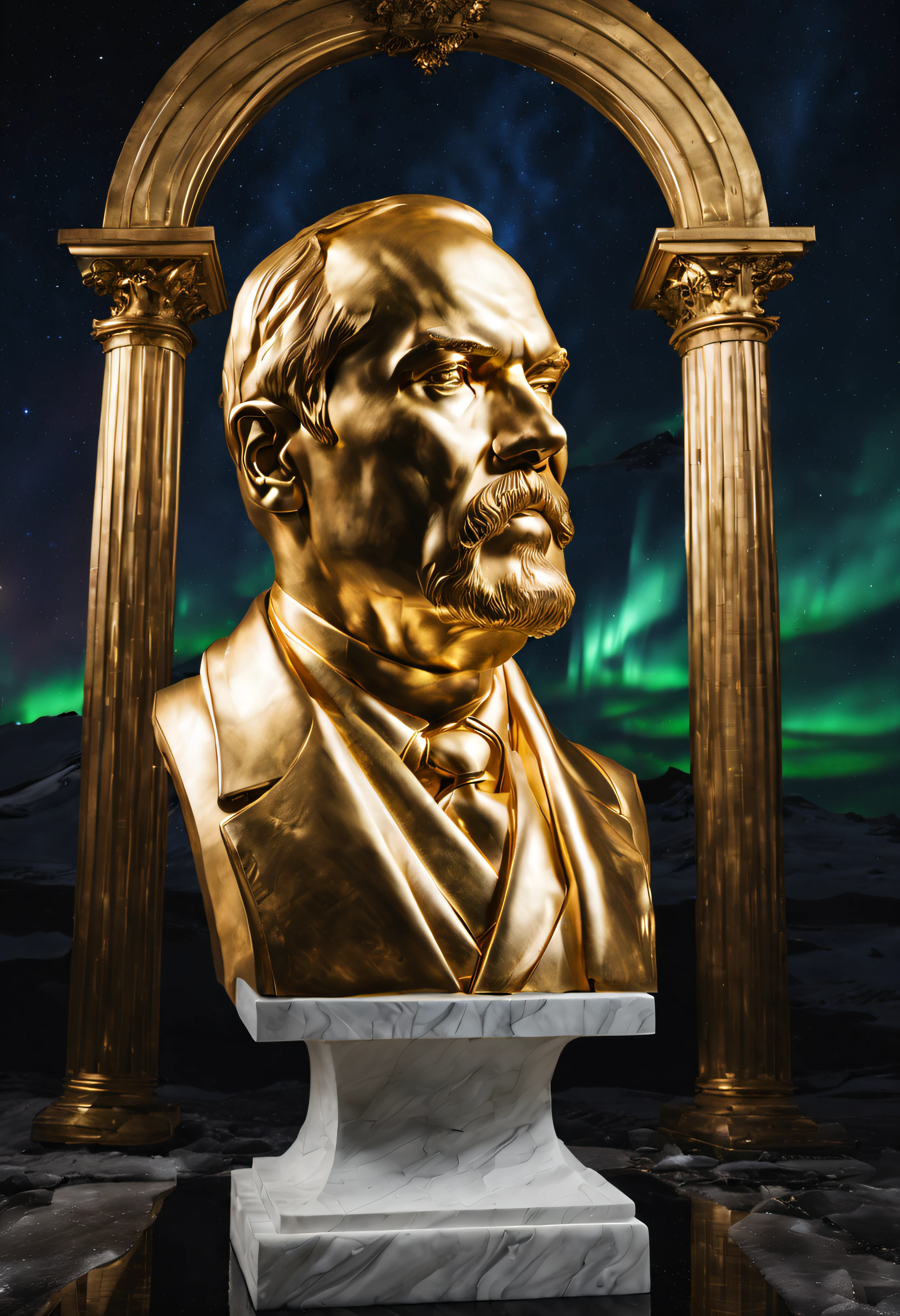 the resplendent solid gold bust of lenin, marble embossed plinth writing, frozen wasteland of antarctica, nighttime, brilliant moonlight, icy water, aurora, stars, galaxies, nebulae