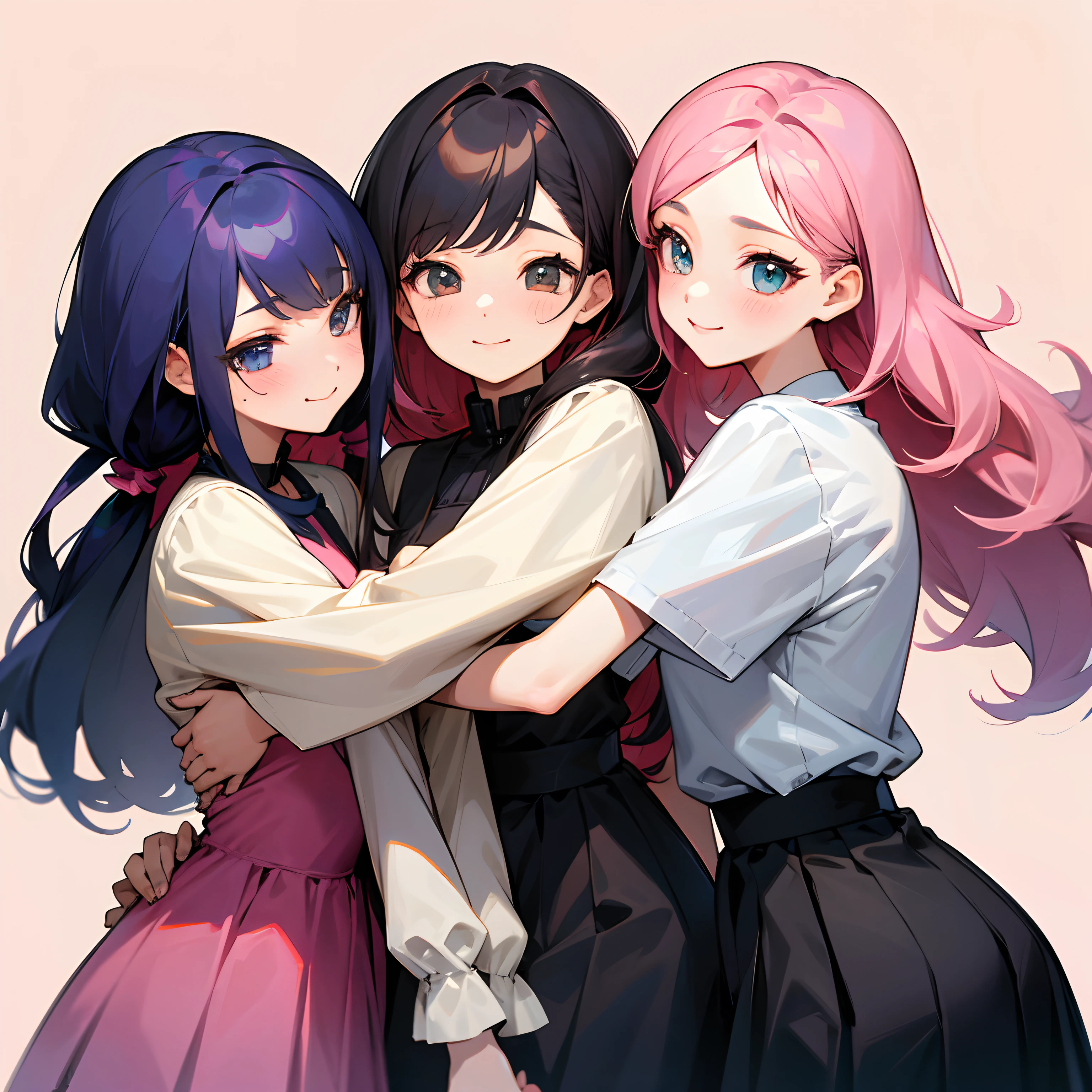 3 mutual girls, different hairstyles, different hair color, blush, holding hands, hug, hug from behind, long hair, smile, beautiful background. they should be a bit older, no extra hands no extra persons