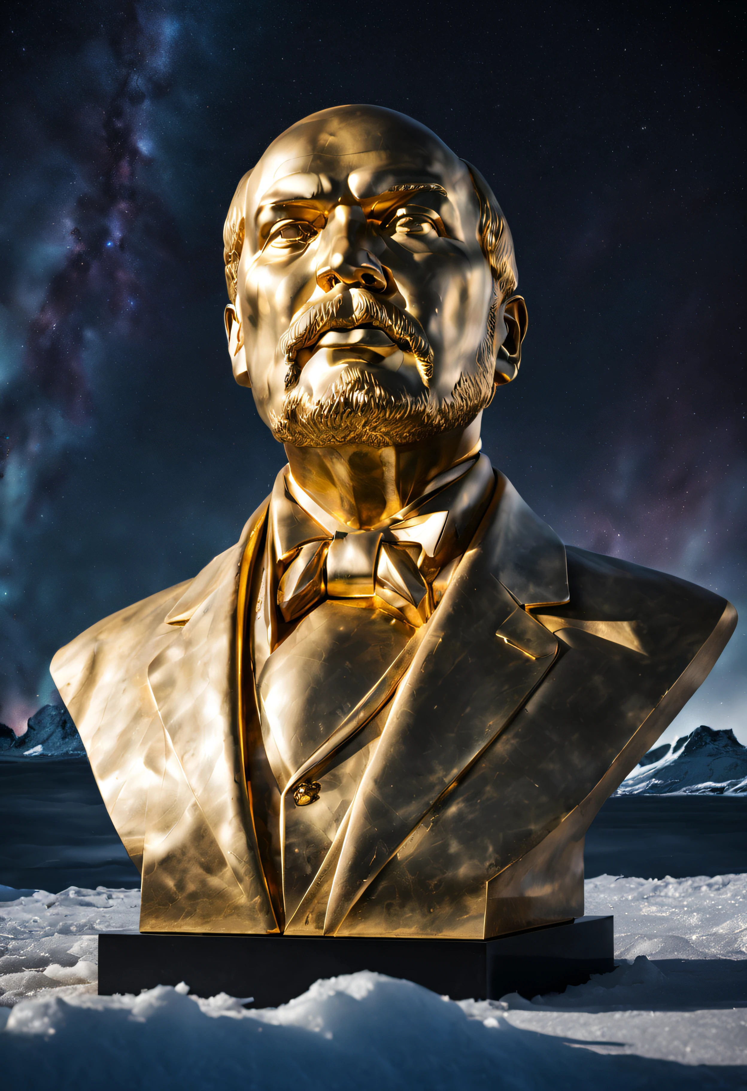 the resplendent solid gold bust of lenin, marble embossed plinth writing, frozen wasteland of antarctica, nighttime, brilliant moonlight, icy water, aurora, stars, galaxies, nebulae