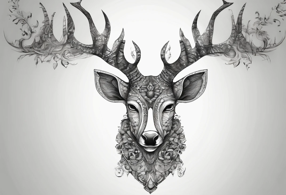 (((masterpiece: 1,5, best quality, high resolution, super resolution, ultra detailed: 1,2))), Portrait of the head of a deer with luxurious and dashing horns, illustration of deer head, half skull shaped head, punk style, medium shot, straight shot