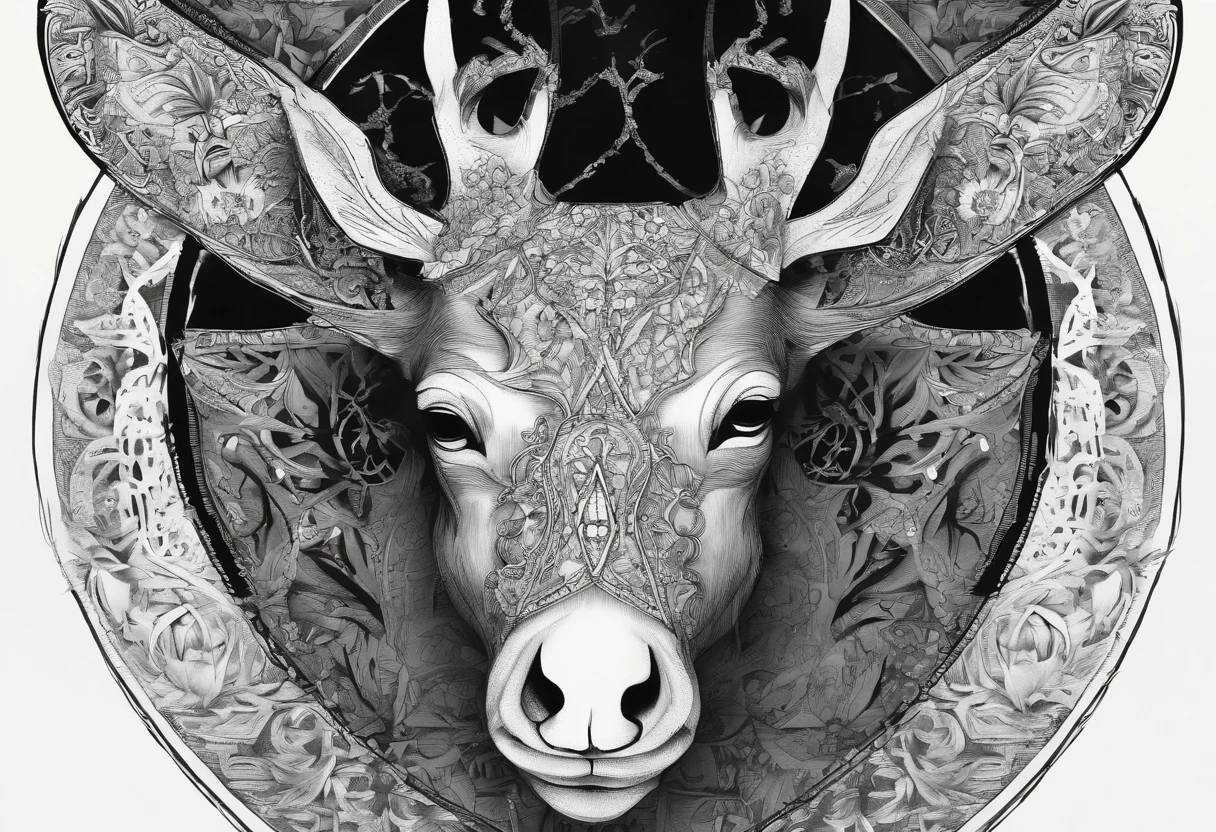 (((masterpiece: 1,5, best quality, high resolution, super resolution, ultra detailed: 1,2))), Portrait of the head of a deer with luxurious and dashing horns, illustration of deer head, half skull shaped head, punk style, medium shot, straight shot