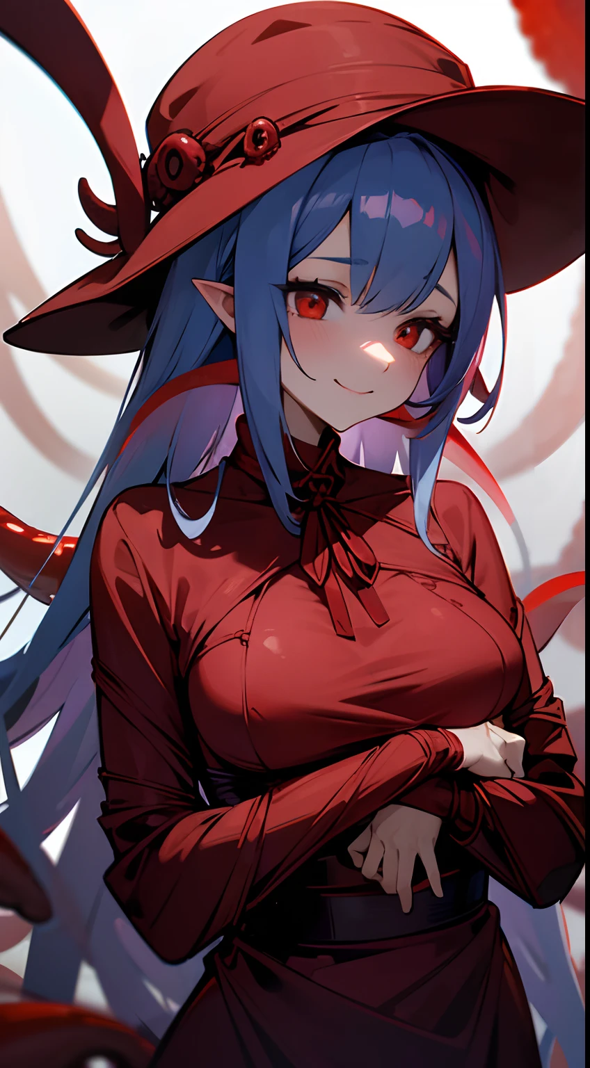 1girl, red eyes, upper body, blue skin, detailed face, smile,large breasts, cave