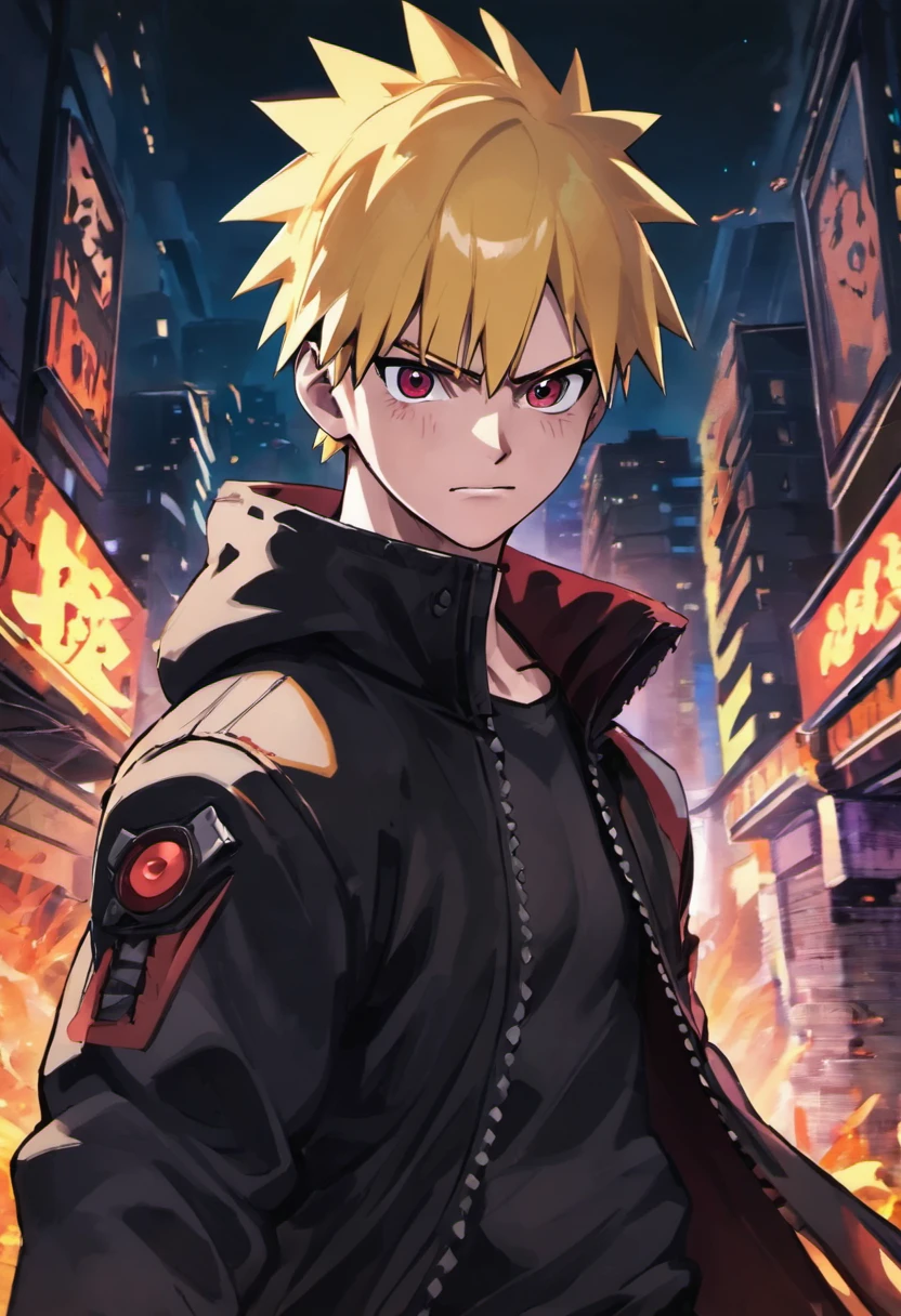 Naruto in black jacket, portrait close shot,night city in background, hight quality image
