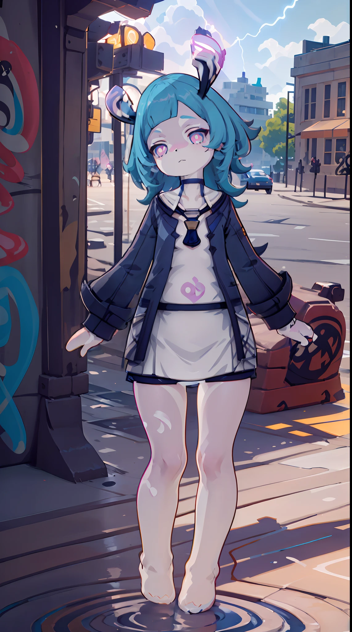 Melousine | genshin impact, master-piece, bestquality, 1girls,25 years old, proportional body, elongated legs, proportional.,sailor suit, short skirt, mediuml breasts, ,bara, crop top, choker, (Graffiti:1.5), Splash with purple lightning pattern., arm behind back, against wall, View viewers from the front., Thigh strap, Head tilt, bored, 10, 10, HD,