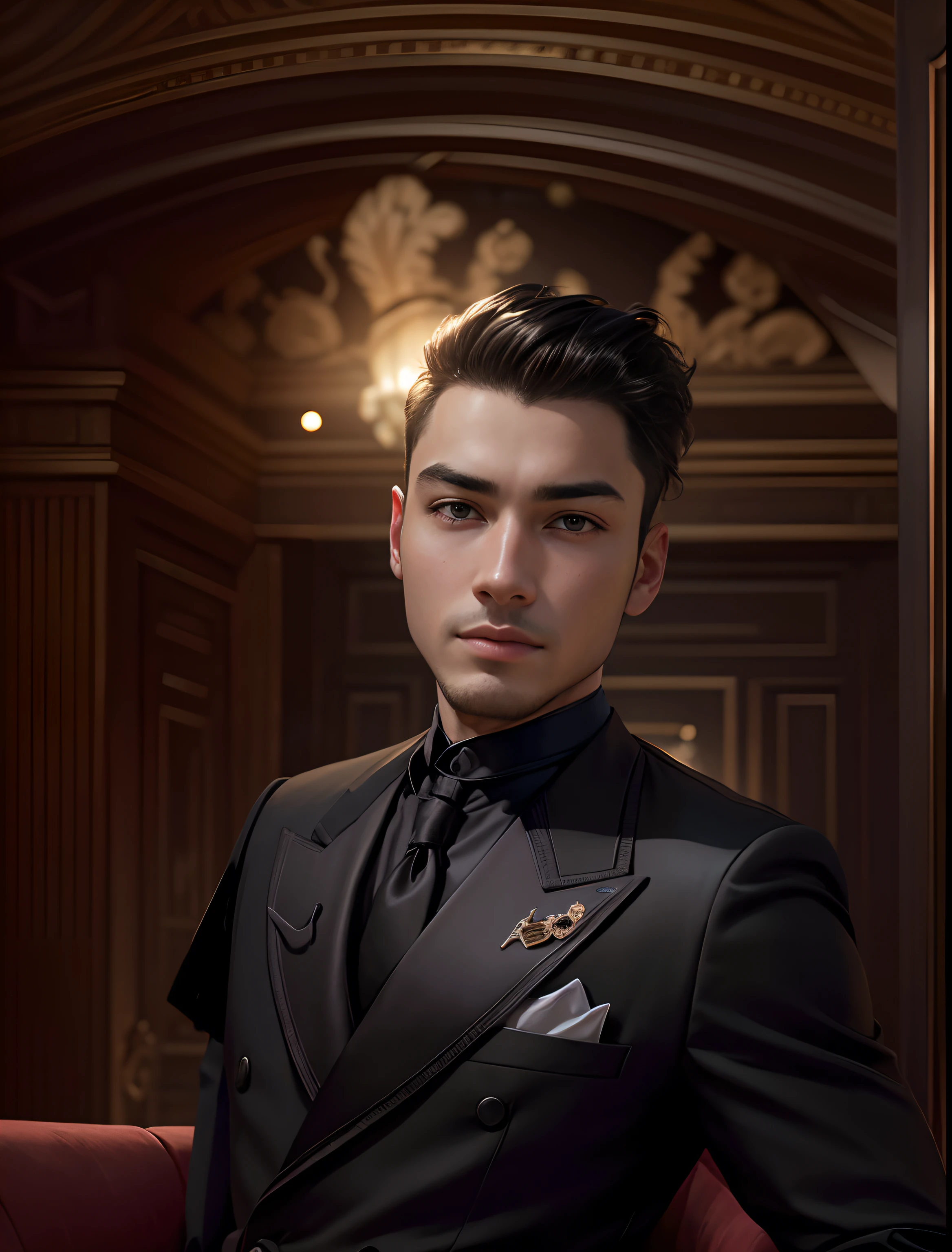 Create the image of a young 20-year-old Thai, handsome, who has silver eyes and wears black gala clothes, behind him, rising in the night, has a Victorian stone mansion --auto --s2