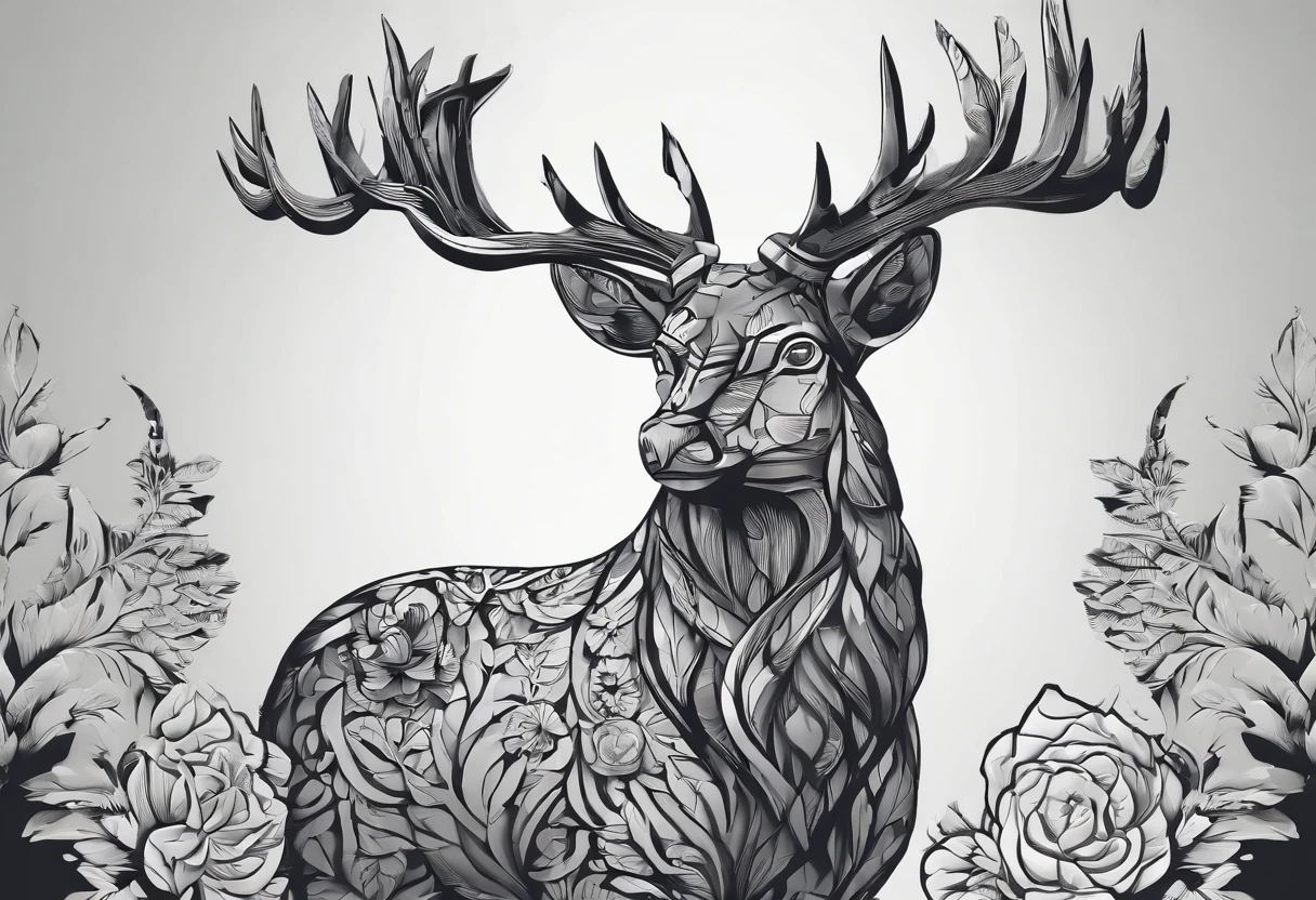 (((masterpiece: 1,5, best quality, high resolution, super resolution, ultra detailed: 1,2))), Portrait of the head of a deer with luxurious and dashing horns, illustration of deer head, half skull shaped head, punk style, medium shot, straight shot