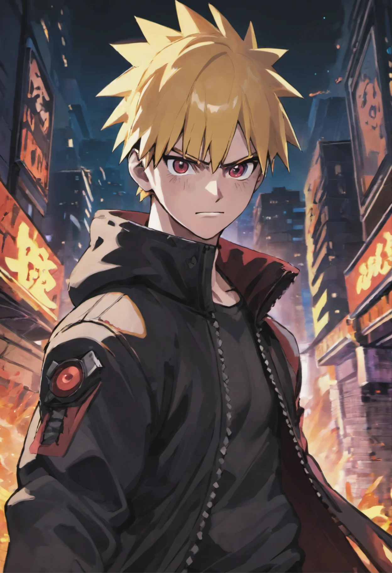 Naruto in black jacket, portrait close shot,night city in background, hight quality image