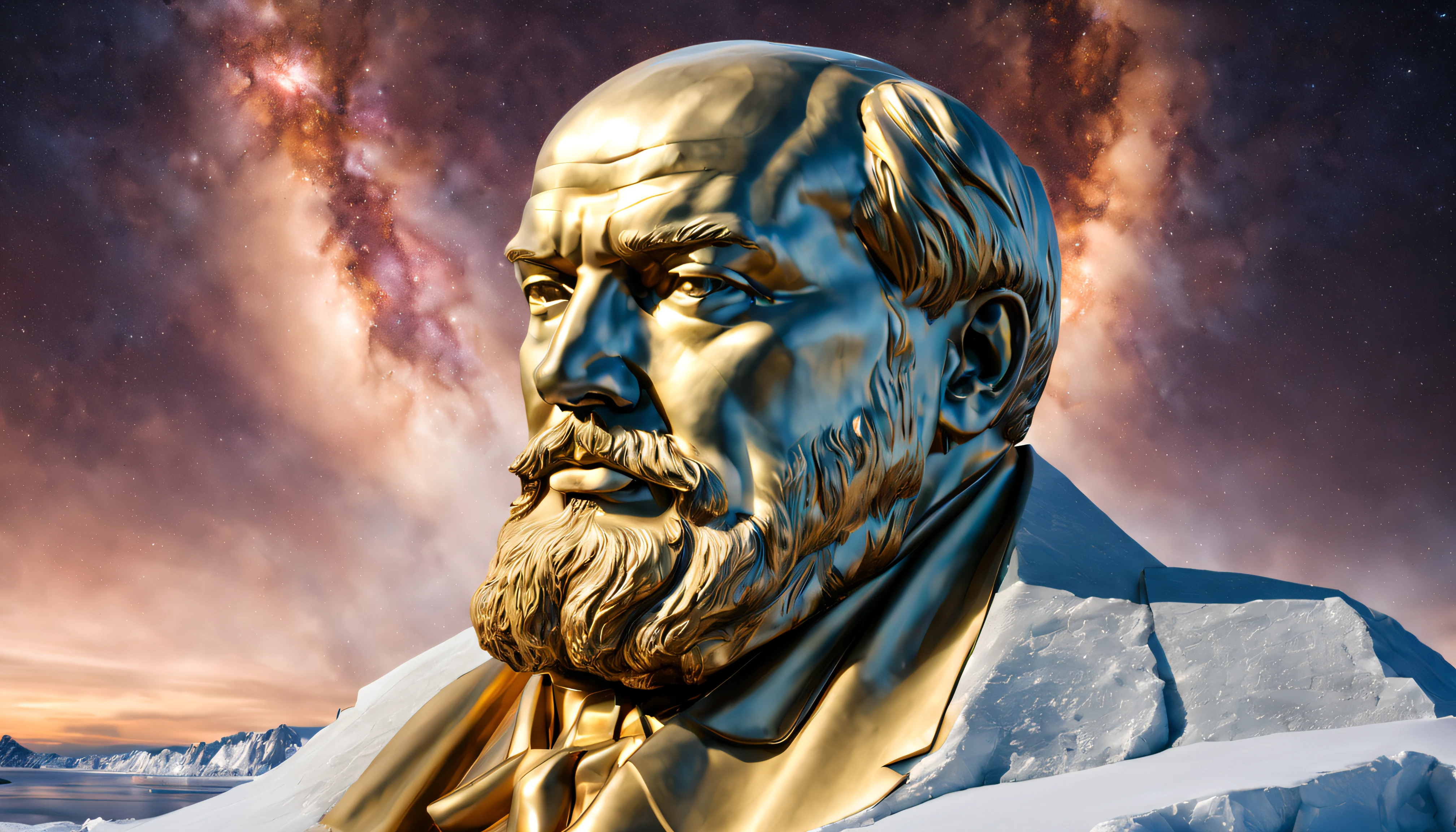 the resplendent solid gold bust of lenin, marble embossed plinth writing, frozen wasteland of antarctica, nighttime, brilliant moonlight, icy water, aurora, stars, galaxies, nebulae