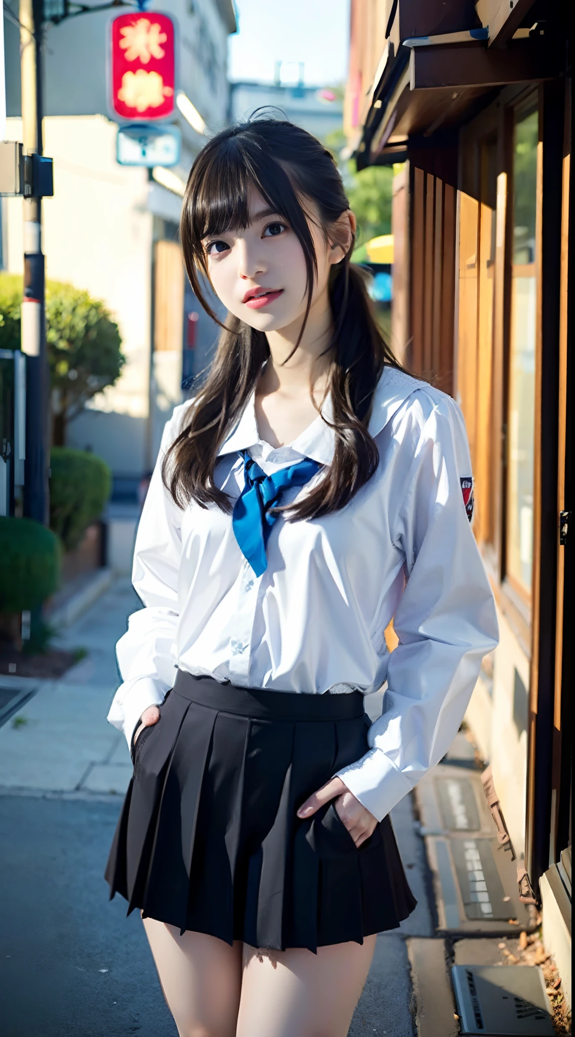 (1 Japanese lady, age 20s, (highest quality: 1.2), (Realistic), (Realistic: 1.37), Ultra-high resolution, cute, dimples, friendly, kind smile, Mouth closed,Red cheeks embarrassment, Beautiful details, Beautiful Nose, Black twin tails,Giant Dulcefo, pork, Thighs, Ample Round Bosom, Healthy Body Proportions, Self Snap,Thin Tight Shirt,University Uniforms,blazer,Pleated skirt,(The skirt is tartan check pattern....:1.3),(Sitting:1), Sitting on the ground in the city at night,(Hold my feet:1),From above, High-Angle-Shot, Bring your face closer, Bokeh)