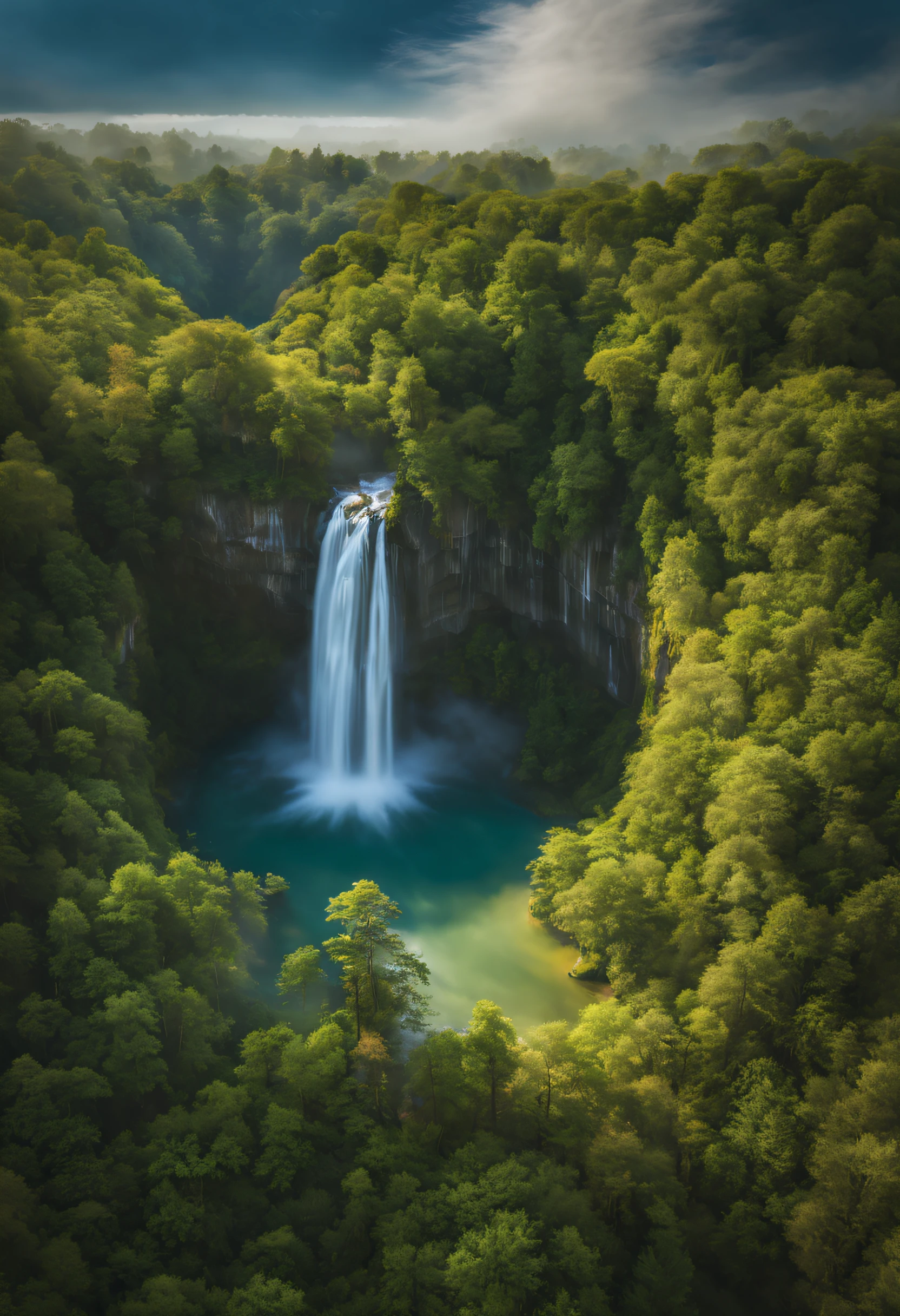 (best quality,highres:1.2),HDR,crystal-clear water,natural light,serene atmosphere,a mesmerizing view,reflection in the water,floating mist,vivid colors,dynamic composition,panoramic perspective,a harmonious blend of nature and elements,captivating motion,depth and dimension,sublime beauty,awe-inspiring,entrancing waterfall,ethereal landscape,unforgettable moment,wonder of nature, ((a drone shots looking down at 90 degrees.