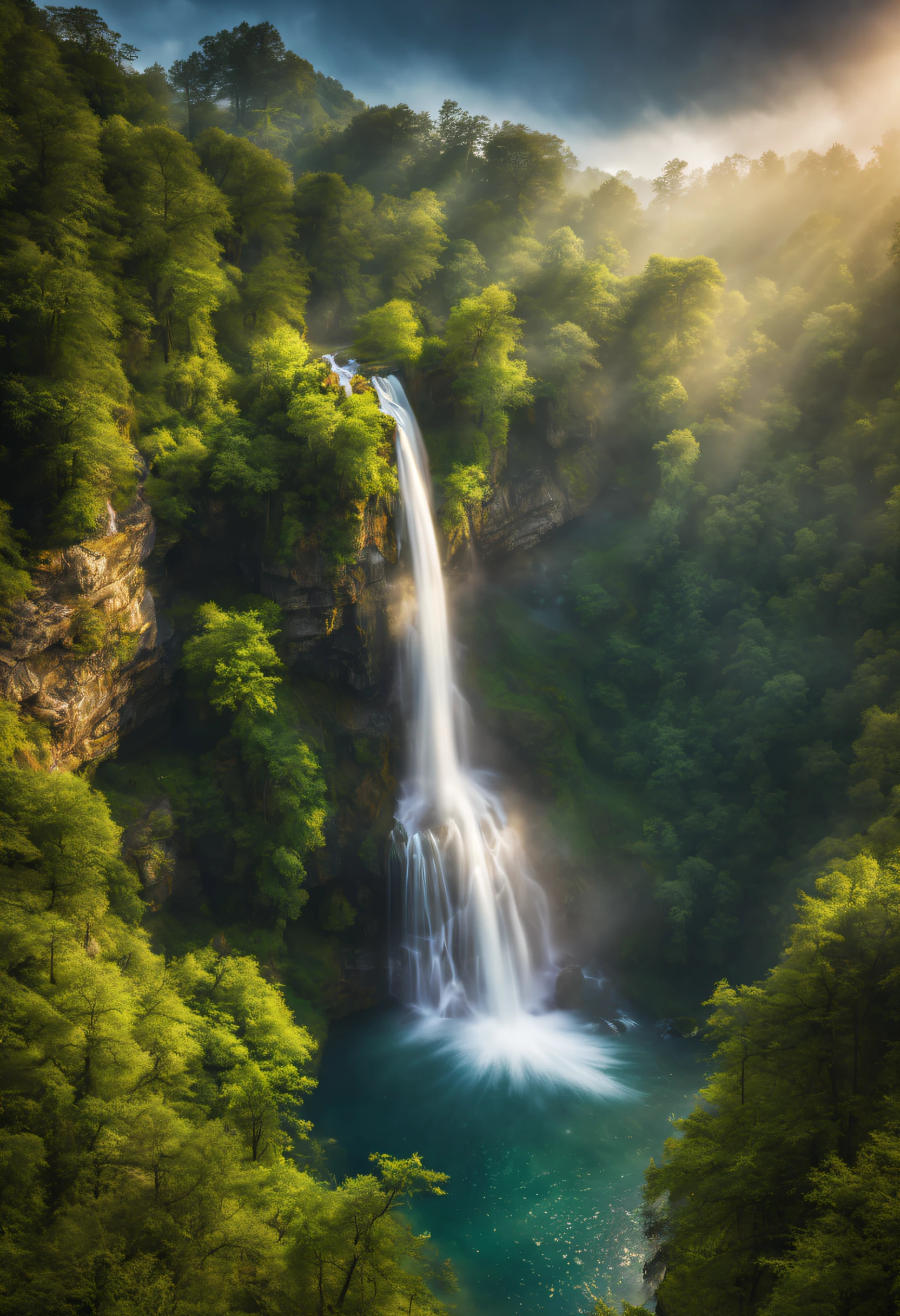 (best quality,highres:1.2),HDR,crystal-clear water,natural light,serene atmosphere,a mesmerizing view,reflection in the water,floating mist,vivid colors,dynamic composition,panoramic perspective,a harmonious blend of nature and elements,captivating motion,depth and dimension,sublime beauty,awe-inspiring,entrancing waterfall,ethereal landscape,unforgettable moment,wonder of nature, ((a drone shots looking down at 90 degrees.