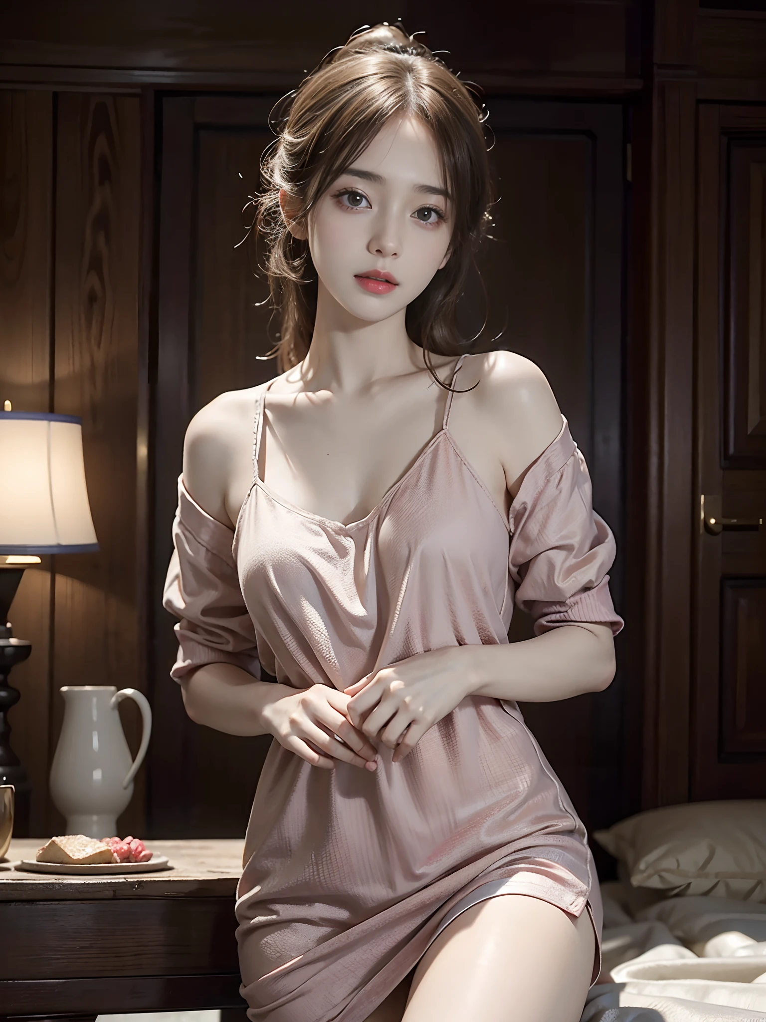 （realisticlying：1.5）， offcial art， Unity 8k壁纸， ultra - detailed，Delicate detail skin，（Movie Angle），filmgrain，cinmatic lighting， tmasterpiece，best qualityer，A picture，
（Dark interior），Dark environment，table light，
1girll，(looking at viewert)，(glomy)，Blushlush，(elvish ears)，hands behind body，((messy  hair))，(redheadwear)，bare shoulders​，(Slightly fat)，flatchest，Shoulder，(Lace women's pajamas)，Saggy clothes，duck sitting，Beth，Moist，Sweat，sentimental，