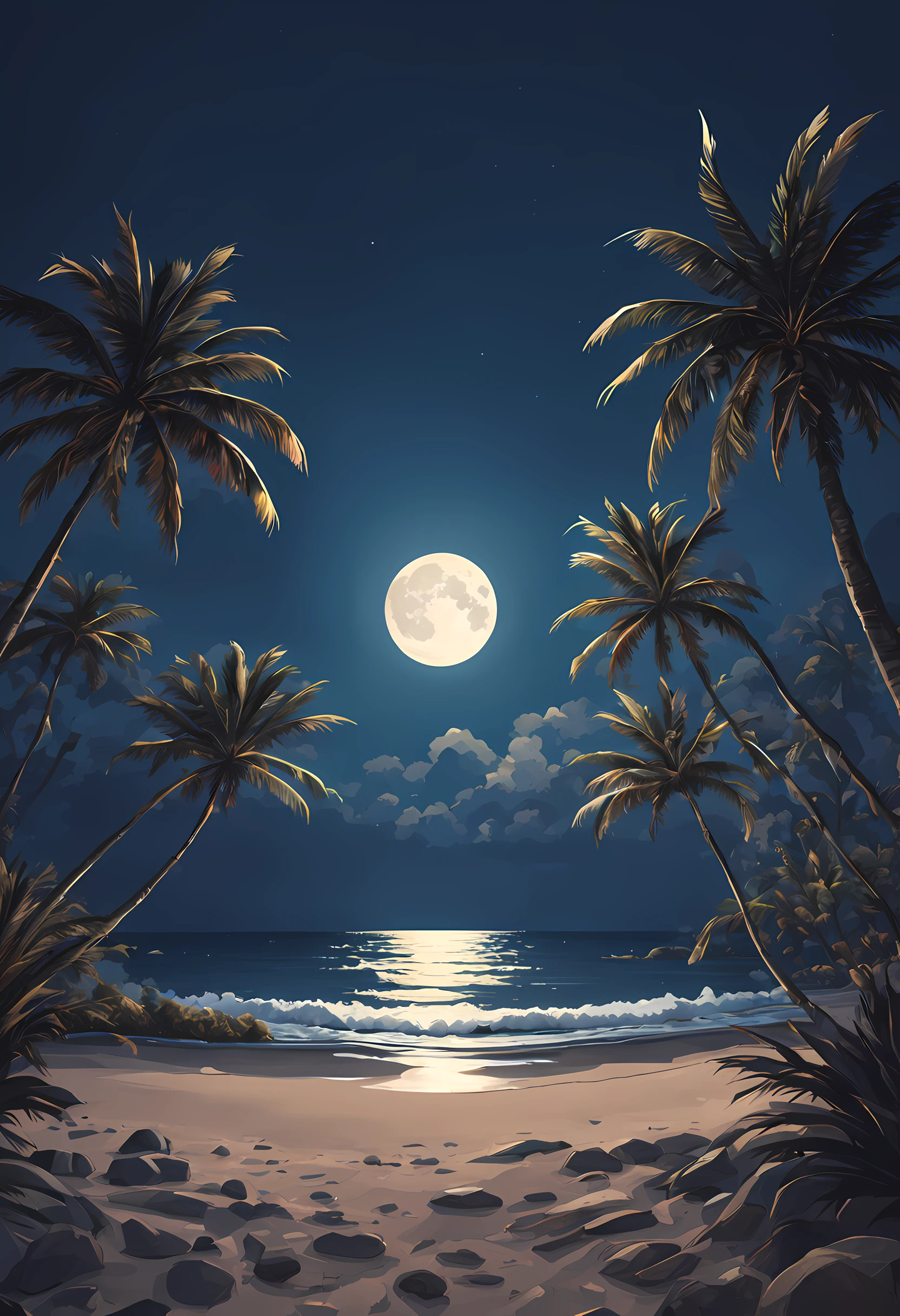 rocky dark beach at night with palm trees an moon in sky