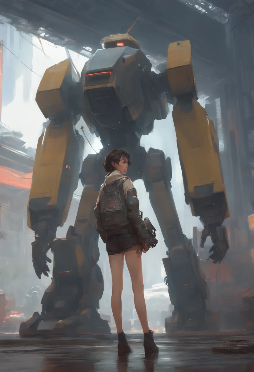 Anime Girl in short shorts and jacket standing next to a giant robot, artwork in the style of guweiz, Cyberpunk anime girl mech, Tendances sur CGstation, Guweiz, par Russell Dongjun Lu, Digital Cyberpunk Anime Art, Ross Tran 8 K, Guweiz sur ArtStation Pixiv, Fille en mecha cyber armor short