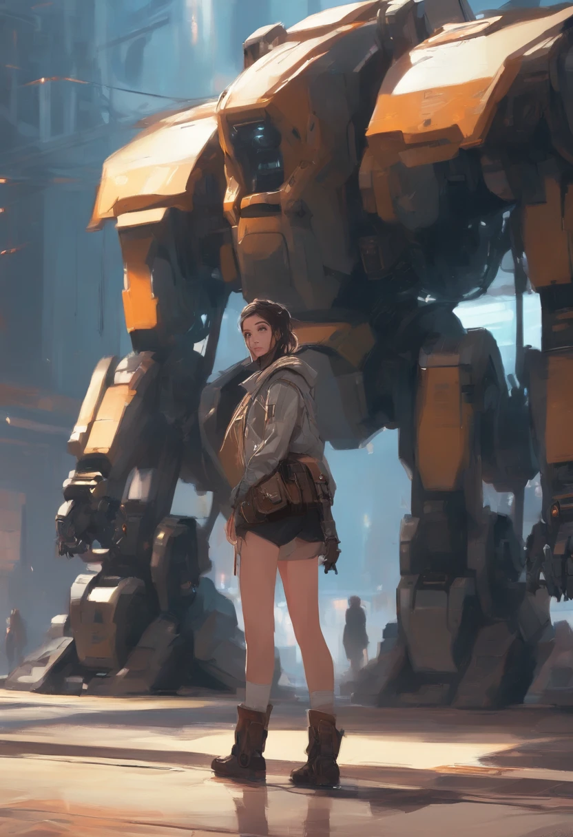 Anime Girl in short shorts and jacket standing next to a giant robot, artwork in the style of guweiz, Cyberpunk anime girl mech, Tendances sur CGstation, Guweiz, par Russell Dongjun Lu, Digital Cyberpunk Anime Art, Ross Tran 8 K, Guweiz sur ArtStation Pixiv, Fille en mecha cyber armor short