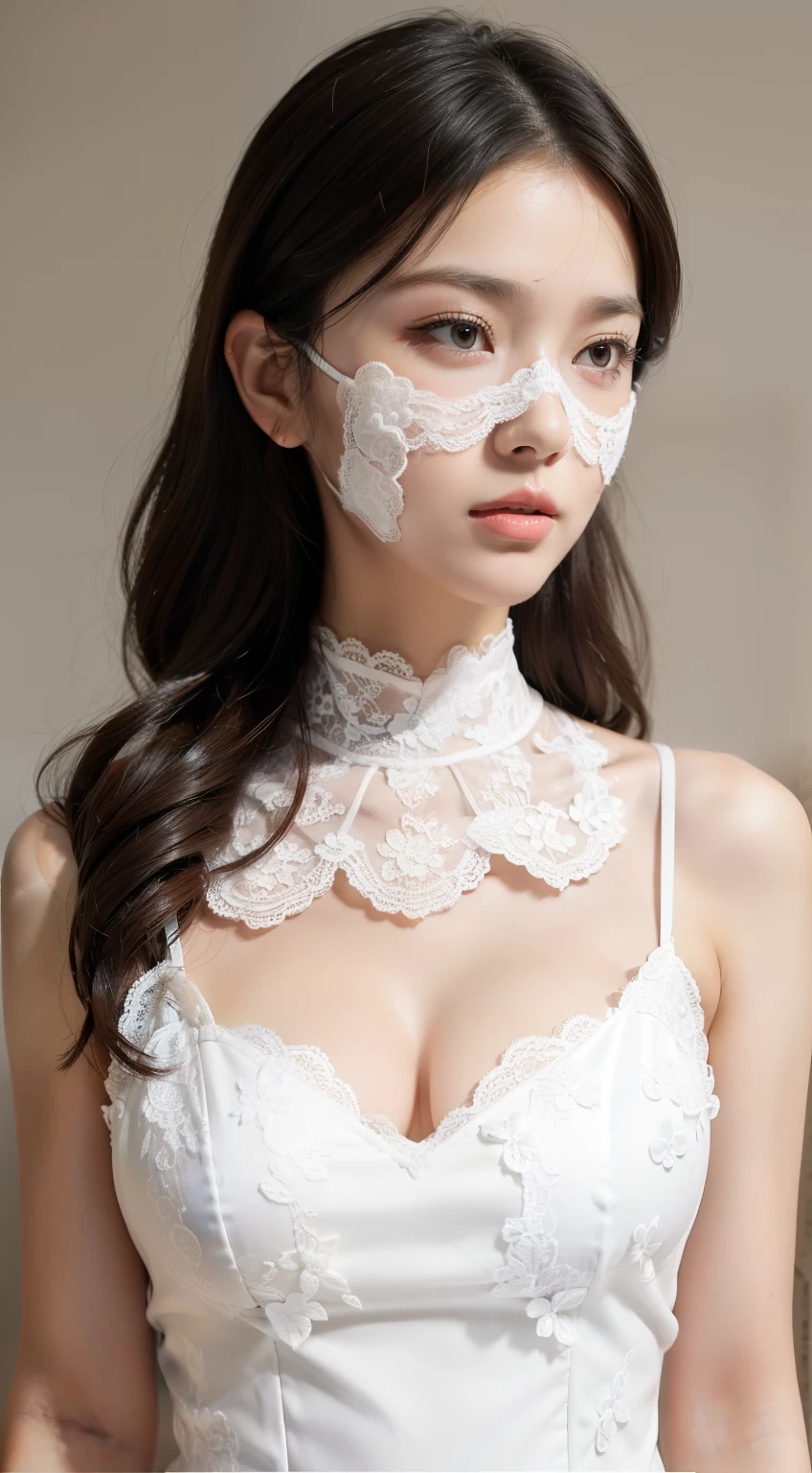 (RAW photo, Best quality), (Realistic, photo-realistic:1.2),High quality, (highdetailskin:1.4), 1girll,delicated face,lace blindfold,Sweaters,huge tit