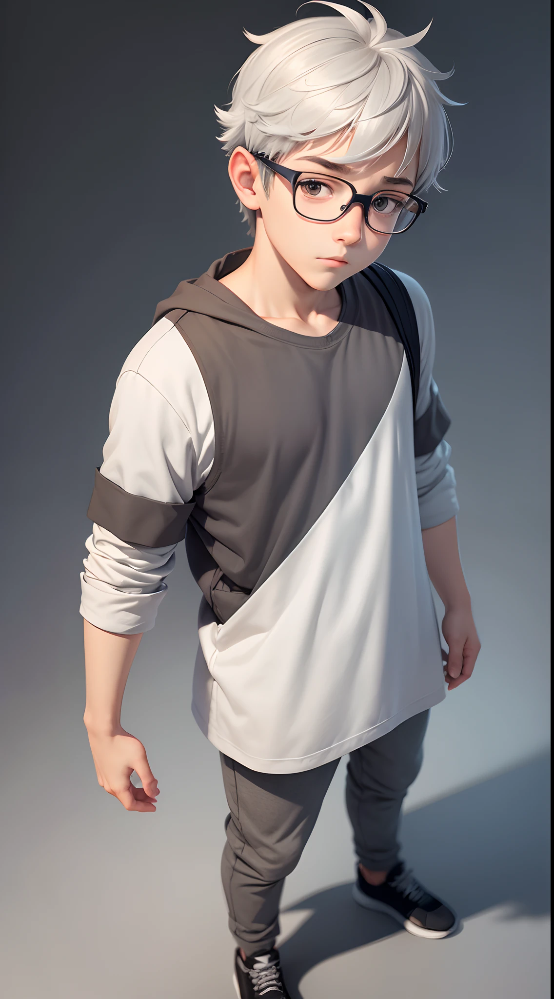 gray youth boy character, full body, children's book illustration style, simple, cute, artist, full color, 3d model, light and shadow, gray clothes, wear glasses, flat color, white background.