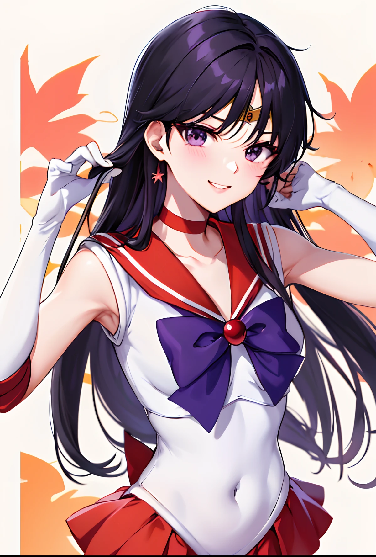 Sailor Mars、Anime Boy、Cool anime boys、gender change、gender change(Girls to boys)、Sailor Senshi Uniform、Rei Hino、solo、Red sailor collar、Blue bow tie、autumn_leaves、Boy with long black hair、rating:safe、Flames around him、Magical Boy、a red choker、White leotard、robe blanche, maple_leaf, traditional_media、autumn、leaf、marker_(medium)、neck、upper_body、elbowgloves、makeup、jewelry、circlet、looking_at_viewer、white glove、eyeslashes、lips、smile、Red mini skirt、collarbone、Bare shoulders、bangs、耳Nipple Ring、Boy with Purple Eyes、Boy with Black Eyes、multicolored_background、covered_navel、