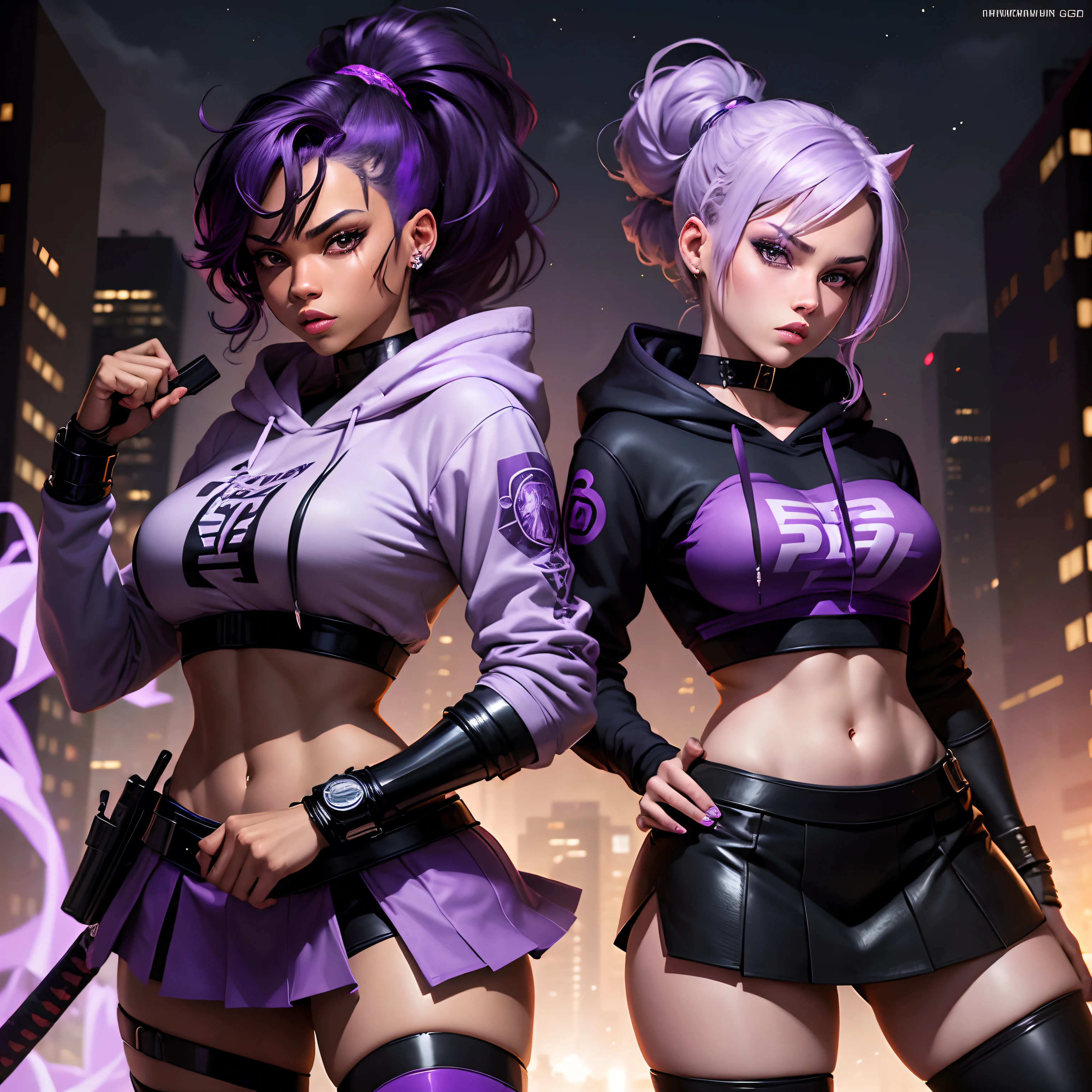 graphic novel style, ready to fight villains, houston texas, night time, purple smoke, two beautiful crime fighting models, one caucasian with light purple hair dressed in black, one mixed African American with dark hair dressed in purple, 23 years old, wearing hoodies, skirts, pony tails, katanas,