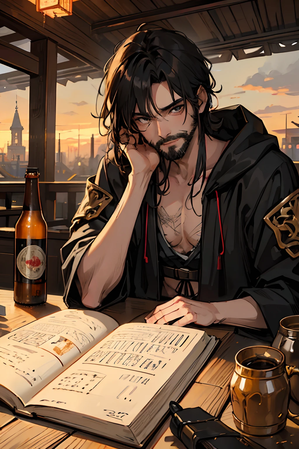 Man of about 30 years with an air of mystery and penetrating eyes, black hair, Japanese and Latin race,
unkempt body, with a slightly worn complexion and small belly,
He wears a patchy, scruffy beard,
His hair is long and disheveled, of a dark and rebellious tone, falling in strands over his face.
He dresses in worn and torn adventurer's clothes,
He wears a worn cloak hanging from his shoulders,
His boots are covered in mud and dirt,
He has a cross-chest strap that holds his large ornate sword,
flashes of magical energy in his hands,
((In a medieval brothel with tables and hookers laughing in the background, bottles and old beer mugs fallen on the floor))