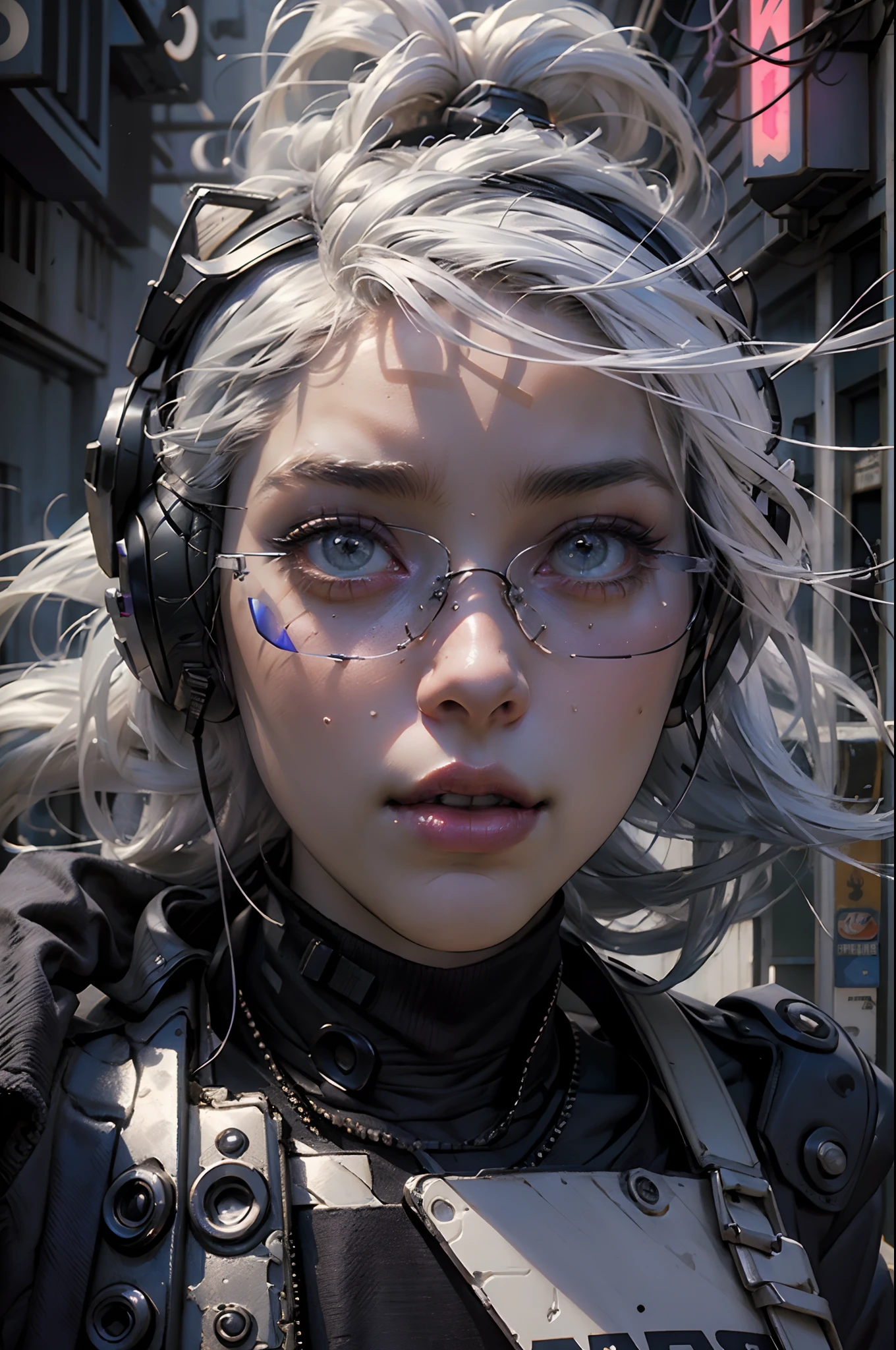 This girl, white hair, long hair, techwear  masterpiece, bestquality, realistic, realism, dark purple jacket, portrait, detailed eyes, wearing headset, platinum hair, 21 year old girl, fashion pose, half body, wide shoot, on the street, cyberpunk