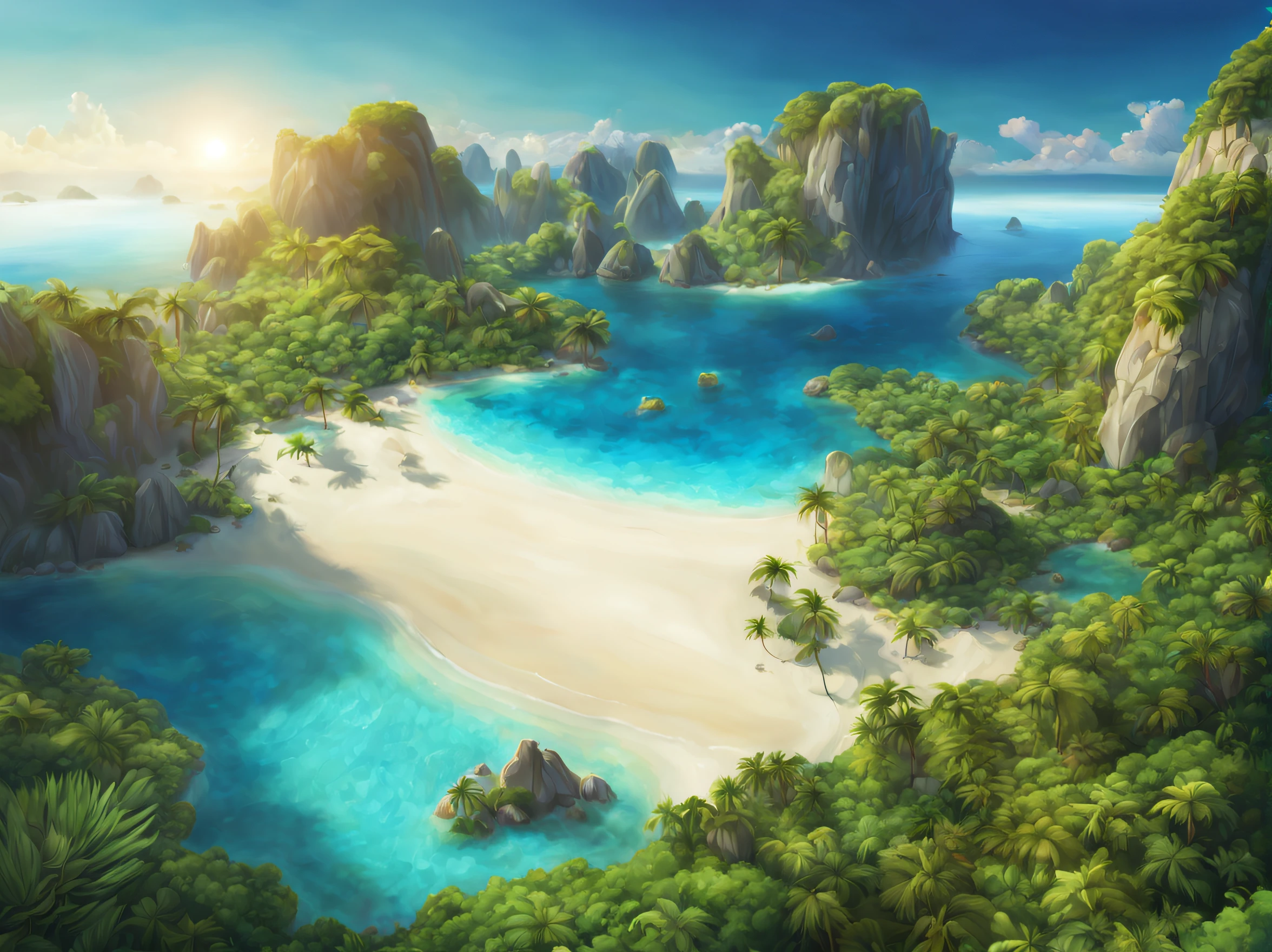 (best quality,4k,highres,masterpiece:1.2),ultra-detailed,realistic:1.37,photorealistic,HDR,UHD,aerial view,crystal-clear water,vivid colors, serene atmosphere,glowing sunset,remote island,hidden,isolated,breathtaking landscape,majestic,mountains,white sand beaches,tropical paradise,lush greenery,turquoise blue sea,tranquil,peaceful,secluded,untouched,pristine nature,warm sunlight,dreamy,fantasy,unforgettable,once-in-a-lifetime experience,romantic,serene,heartwarming,awe-inspiring surreal effects