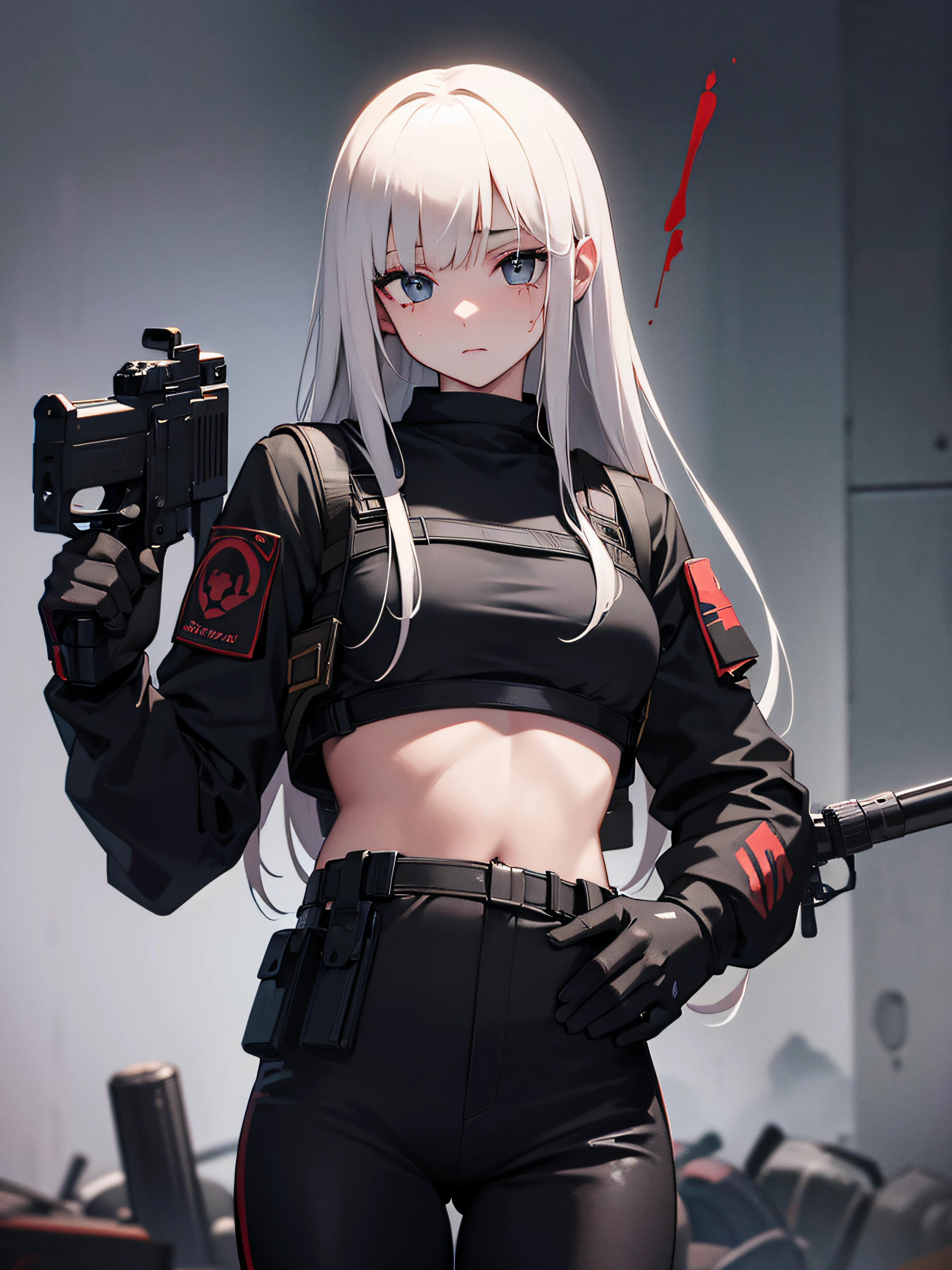 girl dodging bullet, dodging pose, bullet shot at her, special ops outfit, black color outfit, blood splatter on her face, holding an M16, high res, ultra sharp, 8K, masterpiece