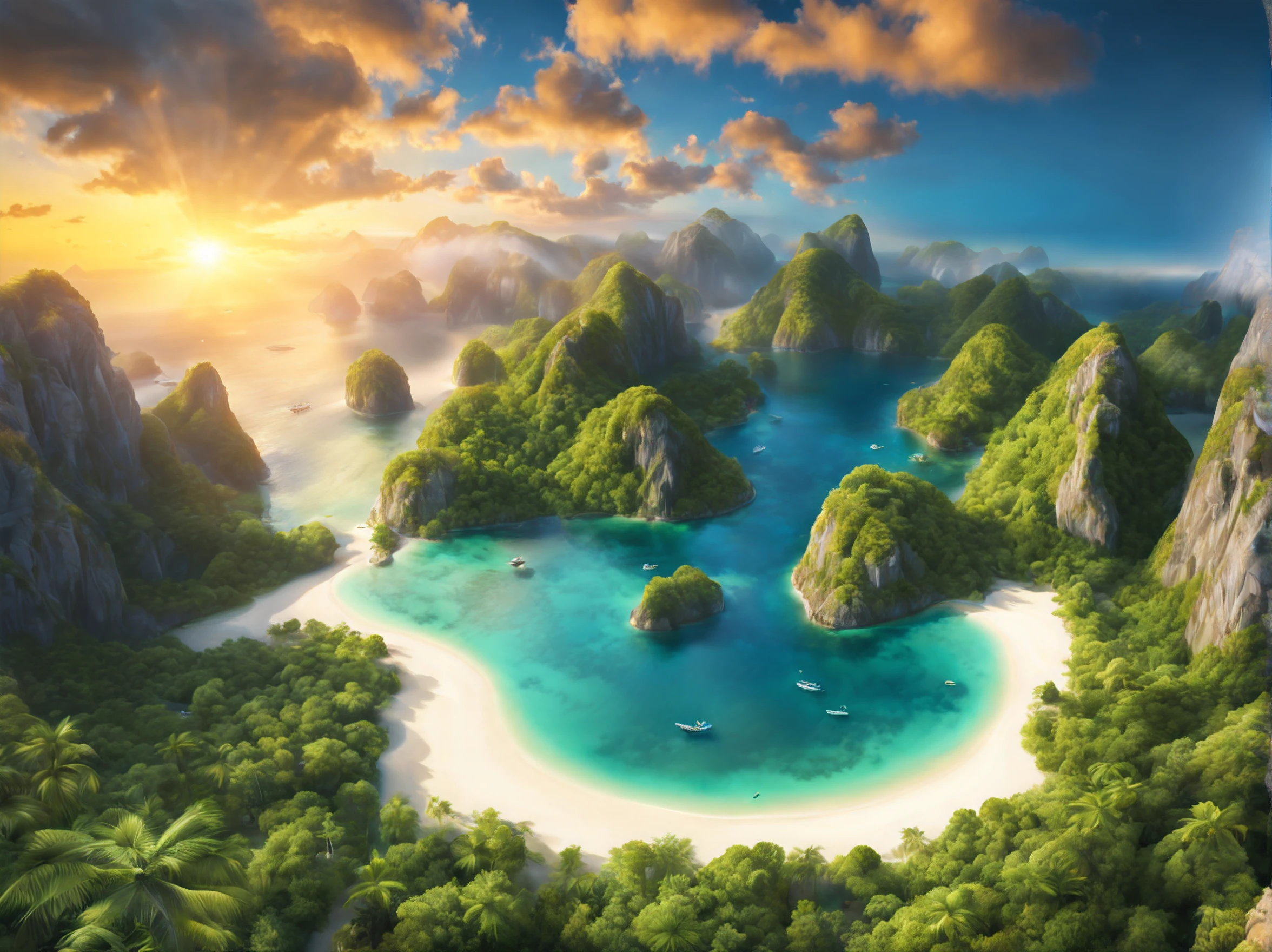 (best quality,4k,highres,masterpiece:1.2),ultra-detailed,realistic:1.37,photorealistic,HDR,UHD,aerial view,crystal-clear water,vivid colors, serene atmosphere,glowing sunset,remote island,hidden,isolated,breathtaking landscape,majestic,mountains,white sand beaches,tropical paradise,lush greenery,turquoise blue sea,tranquil,peaceful,secluded,untouched,pristine nature,warm sunlight,dreamy,fantasy,unforgettable,once-in-a-lifetime experience,romantic,serene,heartwarming,awe-inspiring surreal effects