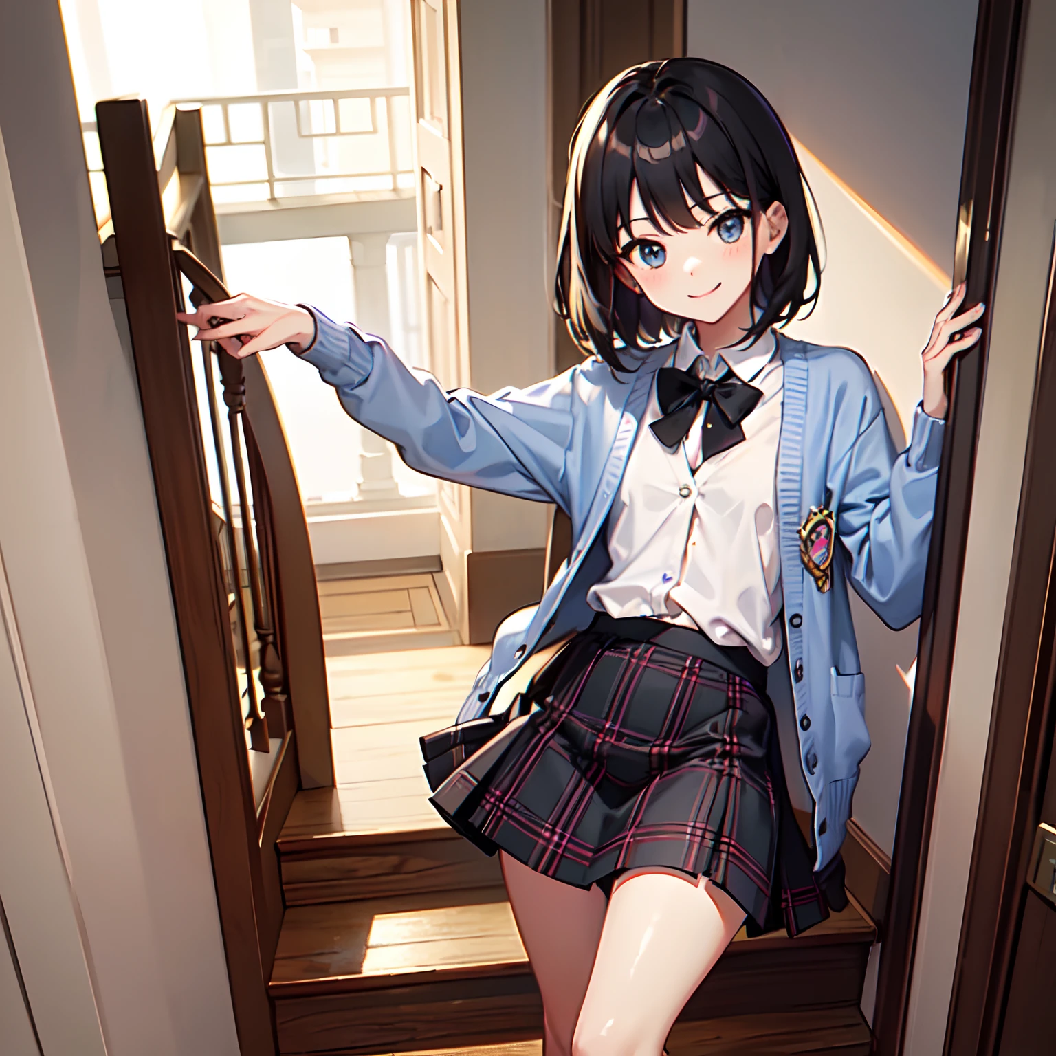 top-quality, masterpiece, high-detail, 16k image、Super delicate and cute girl with black hair、1 persons、a junior high school student、14years、Delicate texture、 Medium Hair、flat chest、(((Plaid mini skirt)))、(((Wearing a cardigan over a collared shirt)))、high socks、Plain clothe、Smiling、AS-Adult、((Climb the stairs))、Backshots