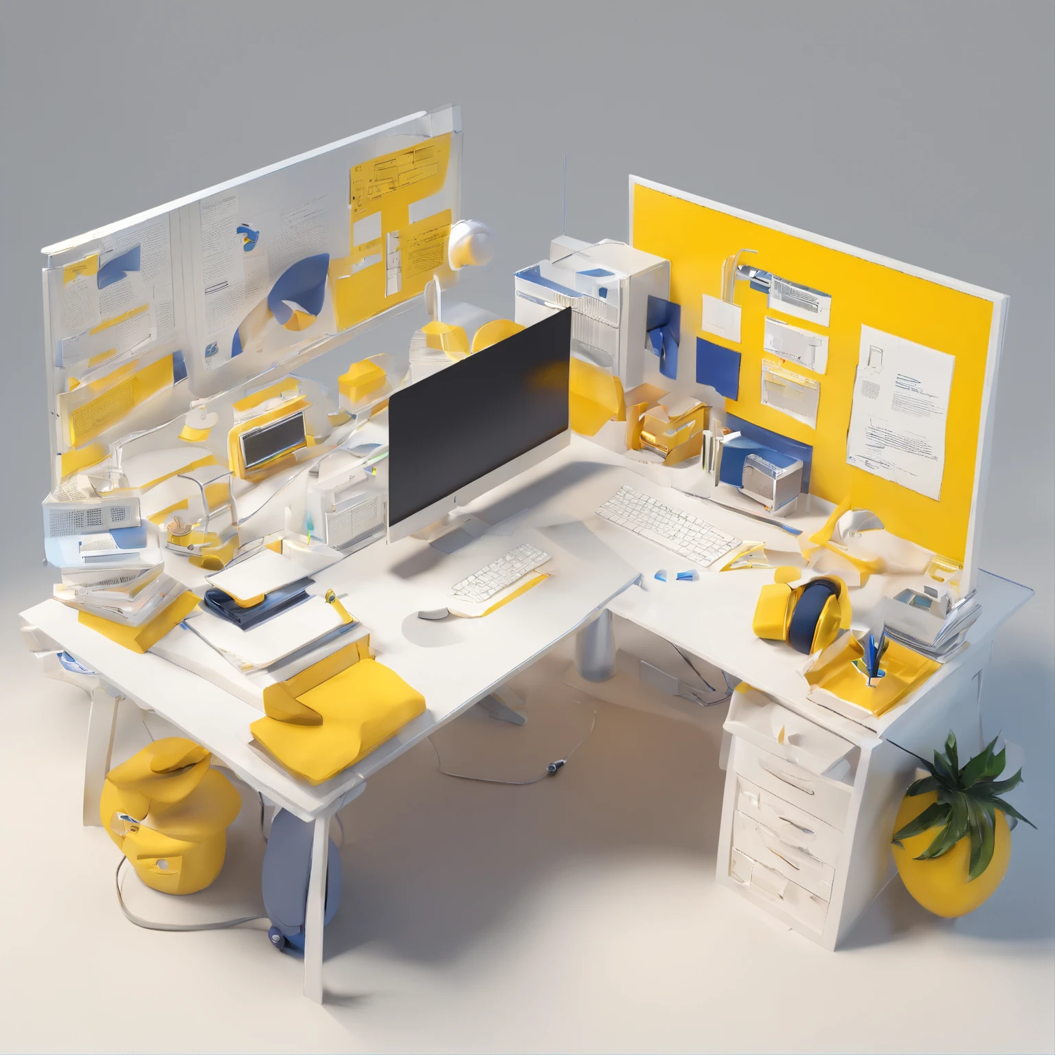 (a web developer working desk in white background), futuristic, simple shading, white background, yellow color, grey color, navy color, white color, headphone, laptop, desk, chair, paper, monitor, laptop, keyboard, low-poly render, cute style, front-top view
