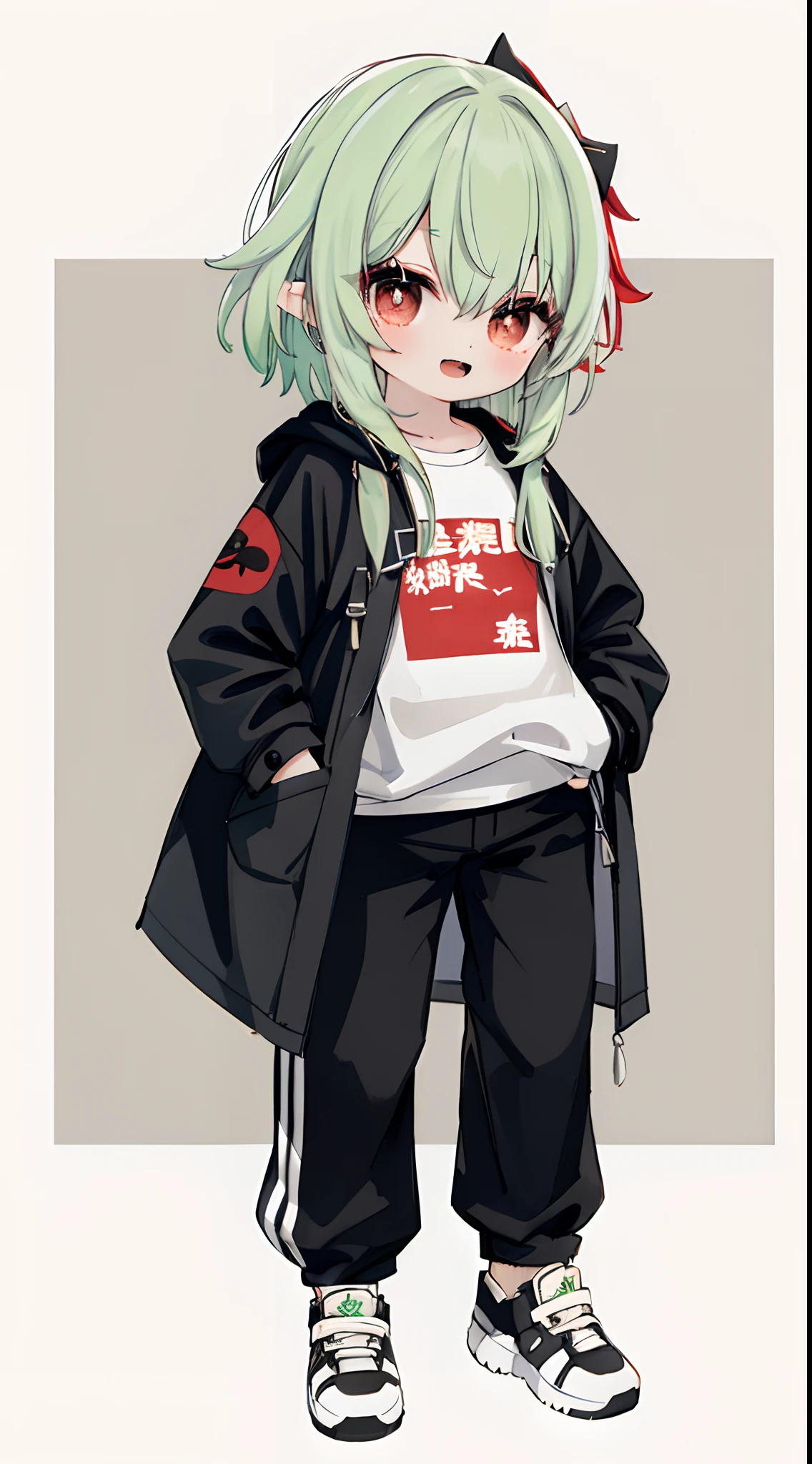 1girll, Solo, Green hair, Red eyes, Short hair, shirt, Open mouth, Smile, White shirt, Hood, Jacket, view the viewer, kazami yuuka, Long sleeves, Open clothes, bangs, Hand in pocket, Black jacket, Pants, jaqueta com capuz, Cowboy shot, Black pants, hair between eye, :D, 鎖骨, Open jacket, Hoody sneakers，Full body photo