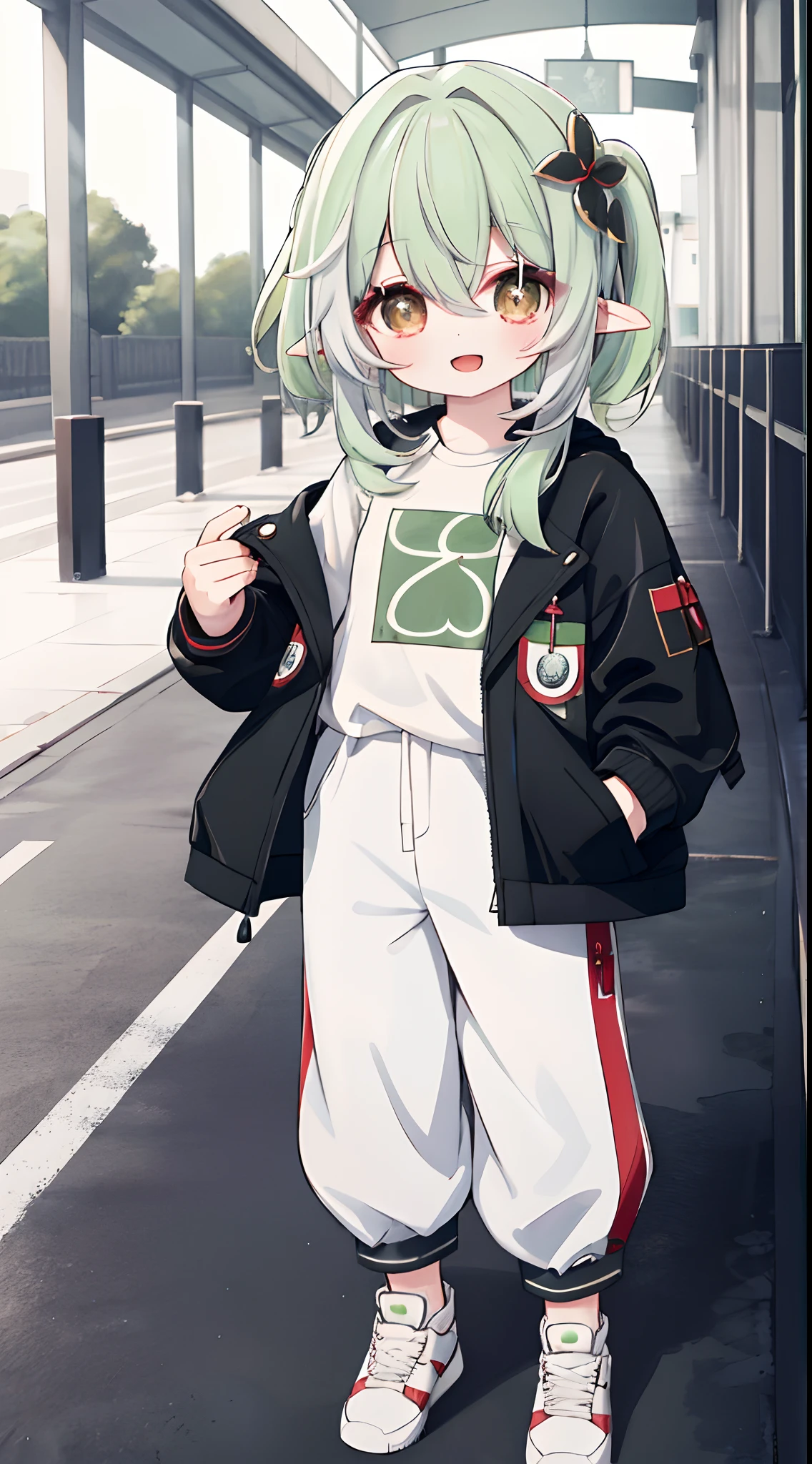 1girll, Solo, Green hair, Red eyes, Short hair, shirt, Open mouth, Smile, White shirt, Hood, Jacket, view the viewer, kazami yuuka, Long sleeves, Open clothes, bangs, Hand in pocket, Black jacket, Pants, jaqueta com capuz, Cowboy shot, Black pants, hair between eye, :D, 鎖骨, Open jacket, Hoody sneakers,Full body photo