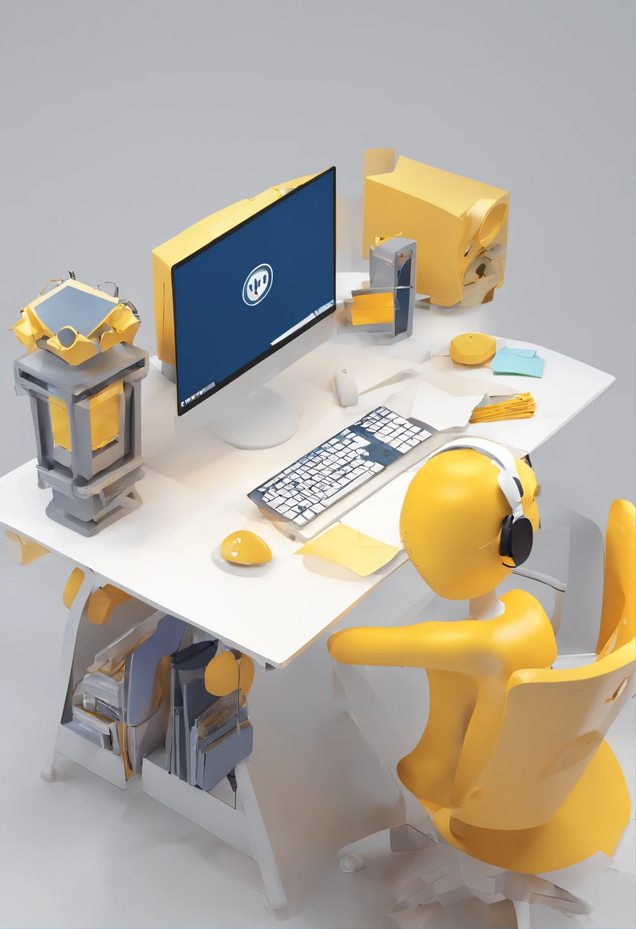 (a web developer working desk in white background), futuristic, simple shading, white background, yellow color, grey color, navy color, white color, headphone, laptop, desk, chair, paper, monitor, laptop, keyboard, low-poly render, cute style, front-top view