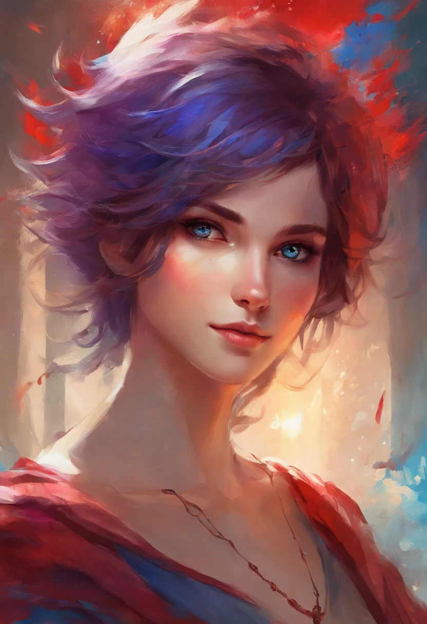 Blue red purple short hair, tomboy girl, blue eyes, smile, bloodshot eye, no makeup, thin