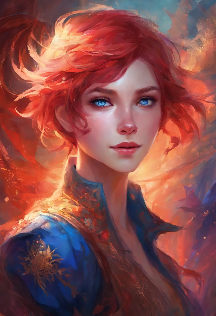 Blue red purple short hair, tomboy girl, blue eyes, smile, bloodshot eye, no makeup, thin