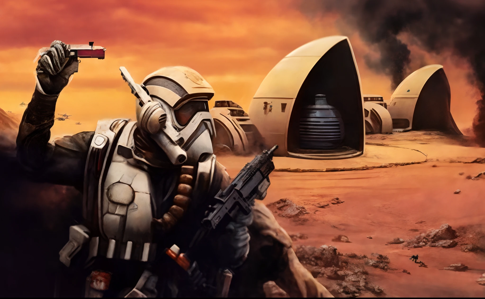 masterpiece, high quality, detailed person, detailed art, soldier holding a gun near a building, 1980s art, space armor, space helmet, military equipment, holding gun, action ppose, helmet with vizor, helmet with air filter mask, military chris foss, mars colony, in an arena in dune 2021, space opera and dystopian style, american soldiers invaded mars, battletech style, space soldier on mars with a gun, 8 0 s art, cylon, depicted as a scifi scene, a lot of details