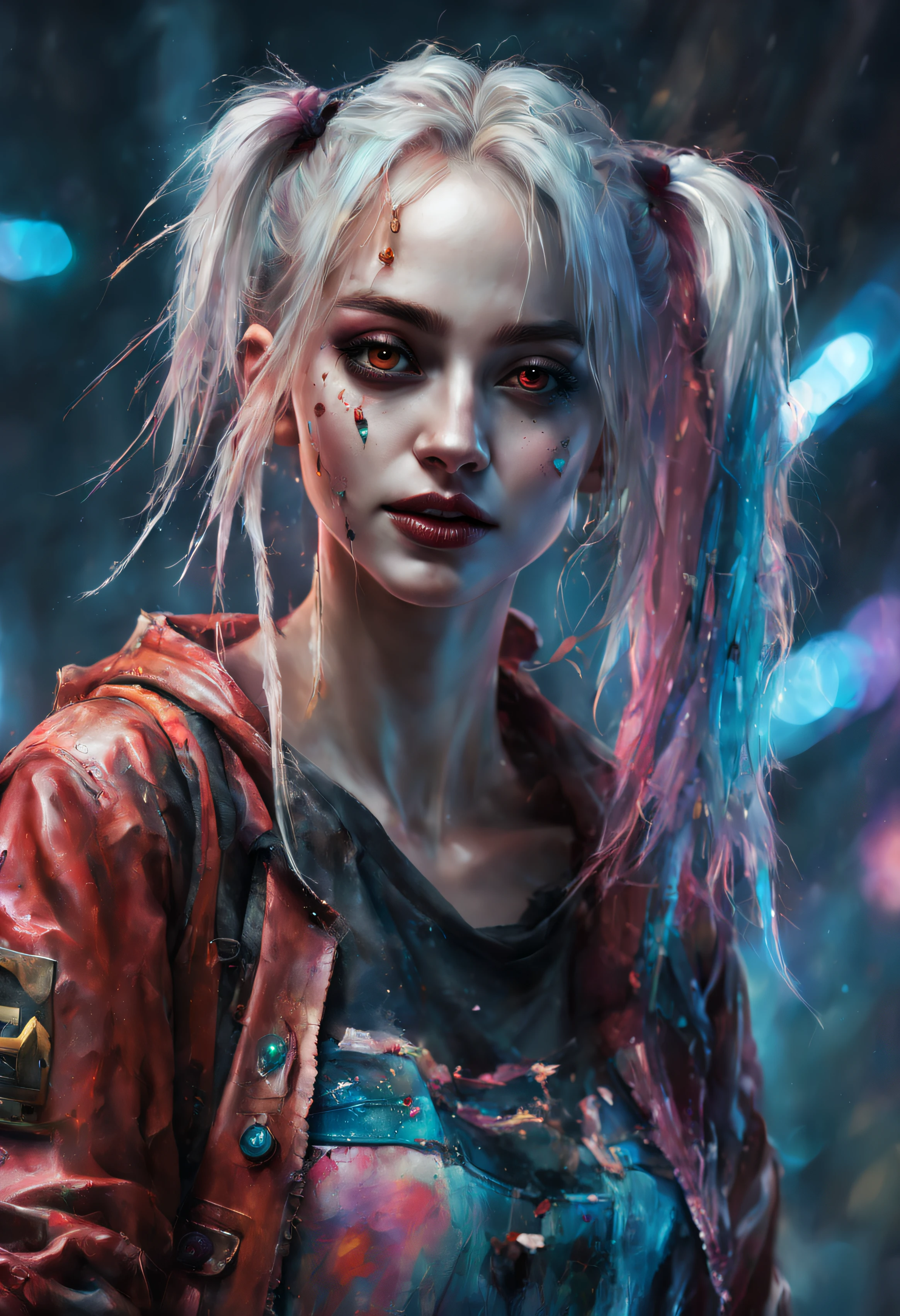 35mm, F/2.8, cyberpunk, shoulder length messy long platinum hair, happy, Full body, piercing Harley Quinn full jeans and short shirt, hyperdetailed painting, luminism, art by Carne Griffiths and Wadim Kashin concept art, 4k resolution, fractal isometrics details bioluminescence , 3d render, octane render, intricately detailed , cinematic, trending on  Isometric Centered Hyperrealistic cover photo awesome full color, hand drawn , gritty, realistic  , hit definition , cinematic, on paper, ethereal background, abstract beauty, stand, approaching perfection, pure form, golden ratio, minimalistic, unfinished, concept art, by Brian Froud and Carne Griffiths and Wadim Kashin and John William Waterhouse, intricate details, 8k post production, high resolution, hyperdetailed, trending on Artstation, sharp focus, studio photo, intricate details, highly detailed,