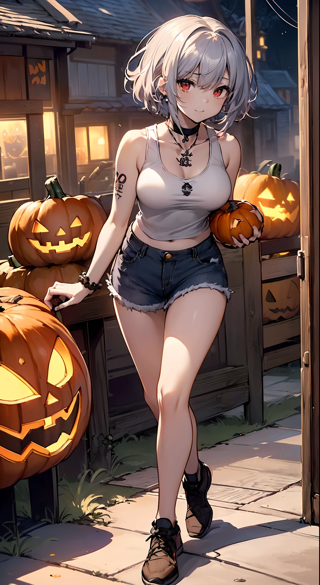 top-quality、Top image quality、in 8K,4K,masterpiece、(NSFW:1.1)、ultra-detailliert、Beautiful、ultra-quality、adult-like、Cool、((Undersized breasts:1.4、A slender))、girl with(((18year old、Halloween Style:1.5、Tank Tops:1.2、shortpants:1.3、silber hair、a short bob:1.3、Holding a jack-o'-lantern in your hand、Red Eyes、erotick:1.4、Happiness、The tattoo)))、hiquality、visualart、Background with((Western Countryside Town:1.2、Halloween:1.2))、masutepiece
