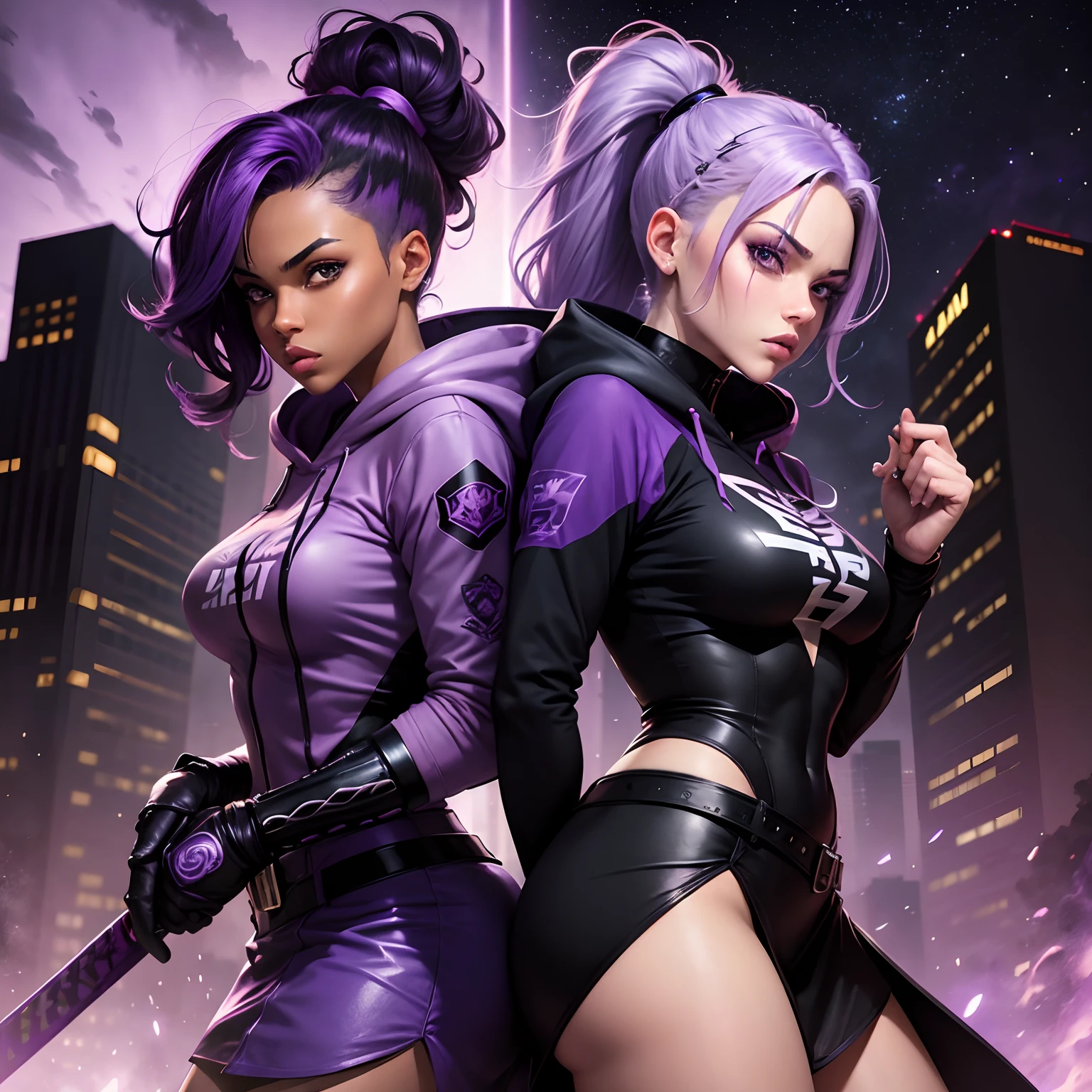 graphic novel style, ready to fight villains, houston texas, night time, purple smoke, two beautiful crime fighting models, one caucasian with light purple hair dressed in black, one mixed African American with dark hair dressed in purple, 23 years old, wearing hoodies, skirts, pony tails, katanas,