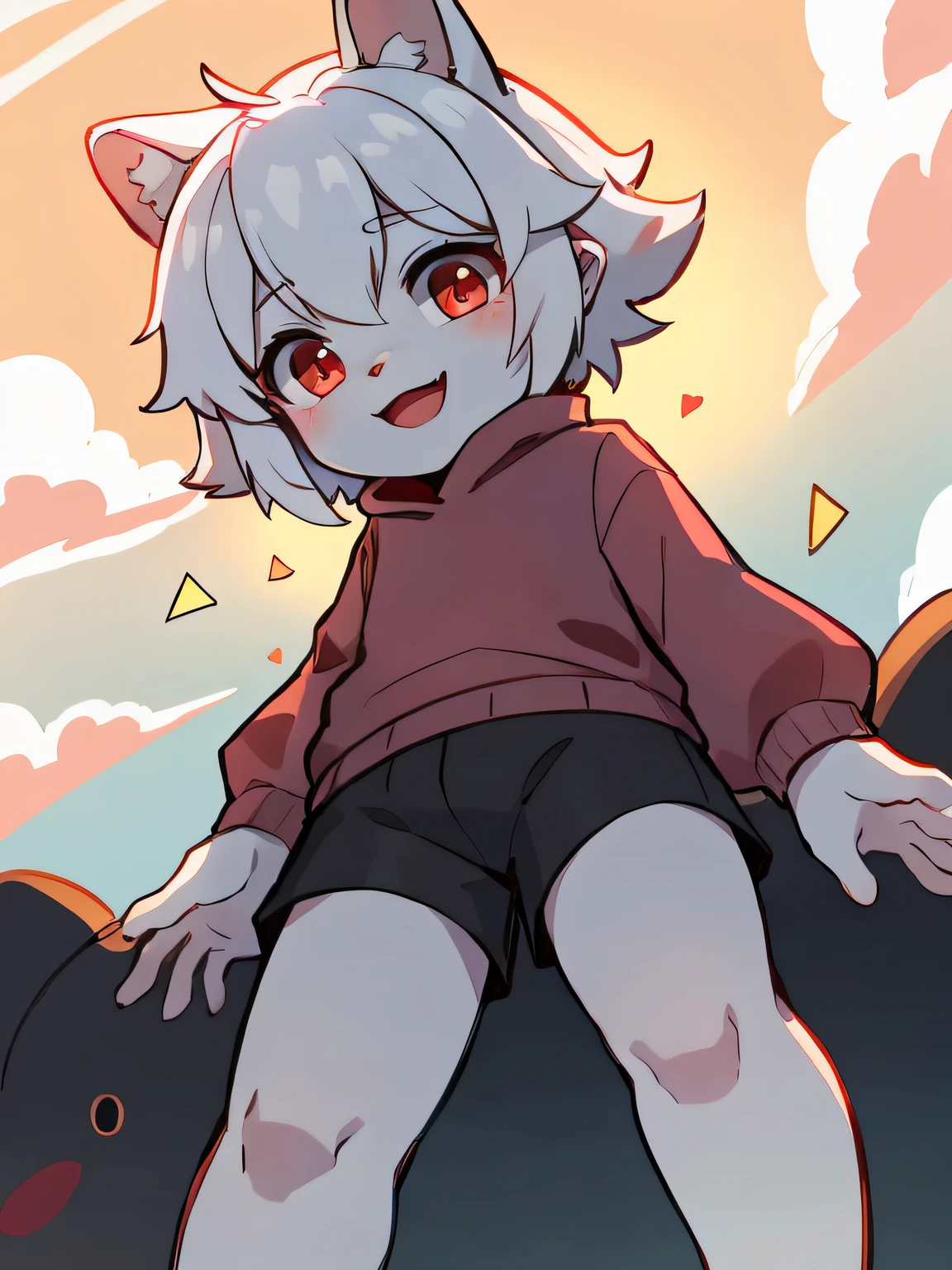 Shota,White color hair ,male people,Q version,(ddlers,ba adolable, standing on your feet, Master masterpieces, A high resolution,8K,detailedbackground,high high quality,Libido boy,(((独奏))),(Light red sweatshirt,whitestocking:0.6),looking at viewert,angle of view,From above,Dreamlike,magical,baiyun,(Warm light source:1.2),upper sky,On the clouds,A happy expression,Black shorts