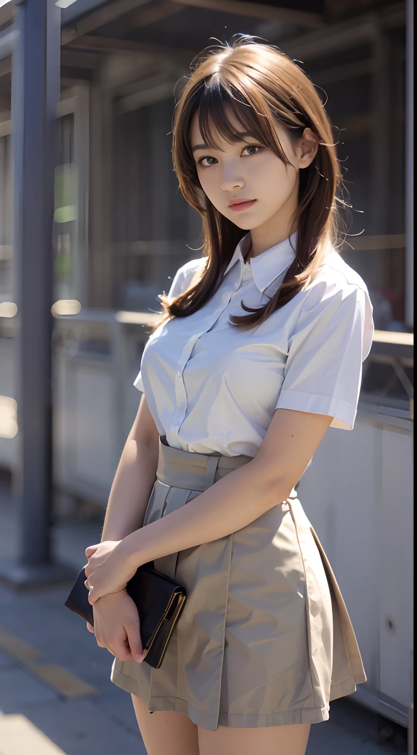 Lakeside park with sunlight shining through the trees, (school uniform, shirt, skirt), japanese girl, , skinny body, flat chest, extremely cute face, extremely ultra detailed face, extremely ultra real skin, extremely ultra detailed eyes, extremely ultra surrealism, (masterpiece, best quality:1.2), octane rendering, (8k, uhd, ultra high res), (super realistic details), extremely intricate detail, super real texture, professional lighting, (realistic), (RAW photo:1.2), (photorealistic:1.5)