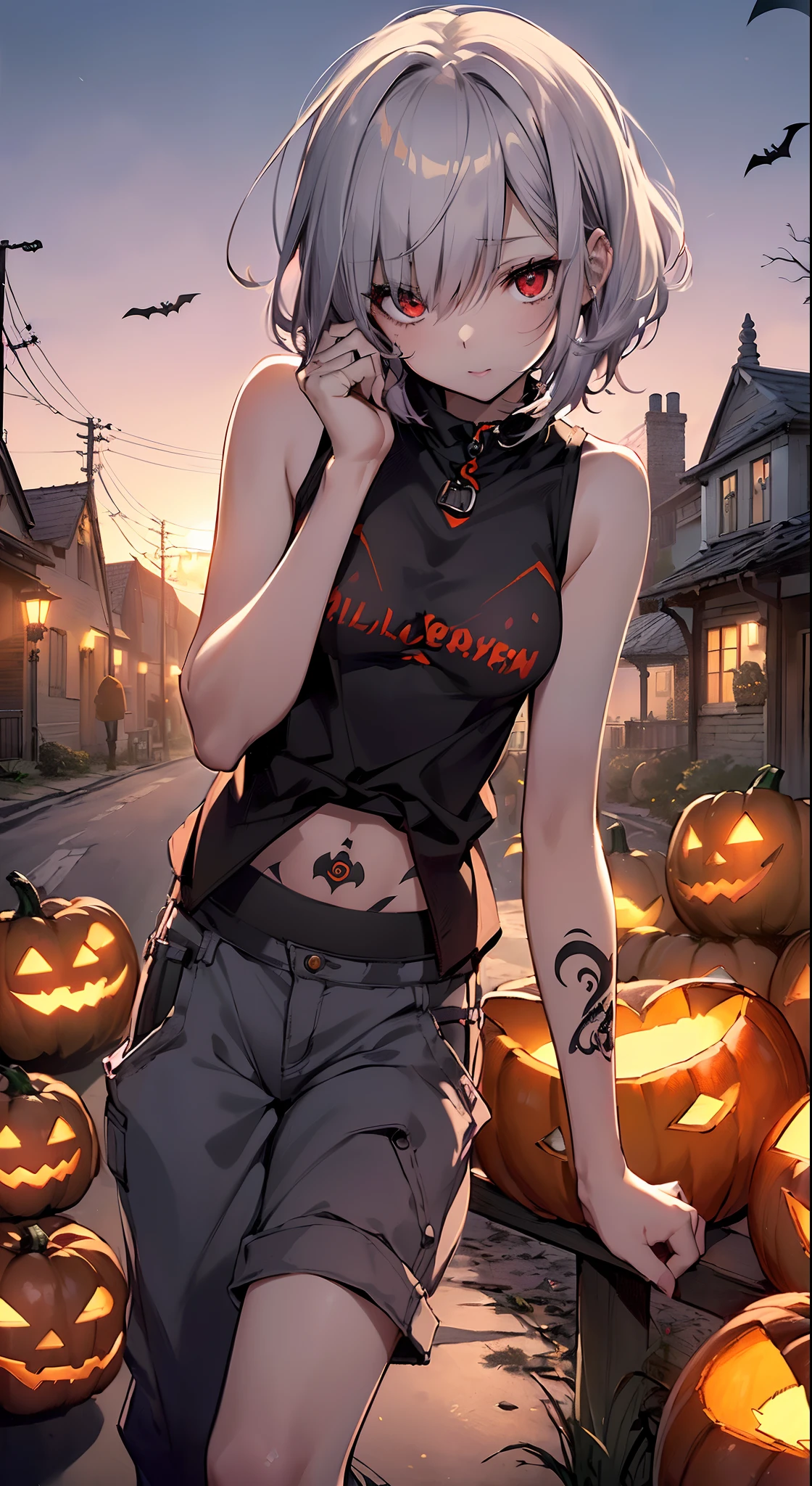 top-quality、Top image quality、in 8K,4K,masterpiece、(NSFW:1.1)、ultra-detailliert、Beautiful、ultra-quality、adult-like、Cool、((Undersized breasts:1.4、A slender))、girl with(((18year old、Halloween Style:1.5、Tank Tops:1.2、shortpants:1.3、silber hair、a short bob:1.3、Holding a jack-o'-lantern in your hand、Red Eyes、erotick:1.4、Happiness、The tattoo)))、hiquality、visualart、Background with((Western Countryside Town:1.2、Halloween:1.2))、masutepiece