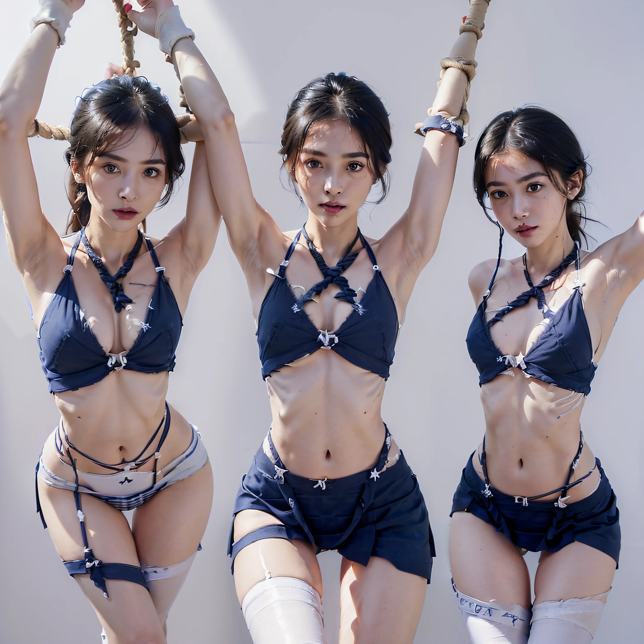top-quality、(((((Very young and beautiful girl))))))、(((((Very very cute face)))))、(((Very young face)))、(((((Very young)))))、(((((Torn clothing)))))、((((Torn underwear))))、((((Beautiful skin exposed))))、((((((Schoolgirl style))))))、(((((Show me your torn panties)))))、(((Show me your torn bra)))、(((Young and beautiful face)))、Brown hair、Light hair color、(A hyper-realistic) , (illustratio), (Increase the resolution), (8K), (ighly detailed), (The best illustrations), (((((Beautiful and big eyes))))), (best qualtiy), (ultra-detailliert), (masterpiece), (wall-paper),(((Wearing torn little underwear like a bikini)))、(((((Wearing ripped sexy lingerie)))))、(((((Exposed bust sticks out)))))、(I'm wearing teardrop thin panties with a T-back)、(((Wearing a torn white shirt)))、(((((The chest is visible)))))、(((((Exposed breasts)))))、(((((((Wearing a navy blue and white checked miniskirt)))))))、(((bare-legged)))、(((((Show viewers white panties)))))、Petite and tall girl、Girl with perfect body proportions with long legs、Slim and skinny girl、Sweating、Drenched、((Full limbs))、complete fingers、(((Slender legs)))、(((((very thin thighs)))))、(((((very lean legs)))))、straight haired、(((((Raw feet))))、(((((The chest is visible)))))、(((((Exposed breasts)))))、(((((teats)))))、(((Nipple protrusions)))、(((The crotch is visible)))、Beautiful Large Breasts、Sweating、Wet texture、prison、(((torture)))、((((limbs are tied with ropes))))、(((((((be caught)))))))、Cuffed、chains、Crying、showing chest、BDSM