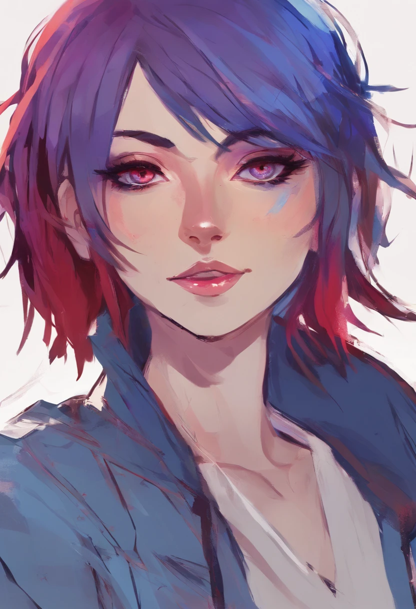 Blue red purple short hair, tomboy girl, blue eyes, smile, blood in eye, no makeup, thin