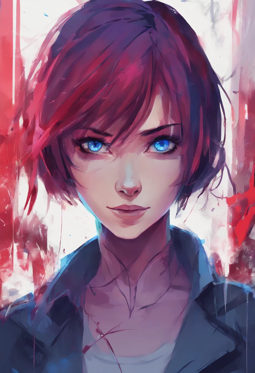 Blue red purple short hair, tomboy girl, blue eyes, smile, blood in eye, no makeup, thin