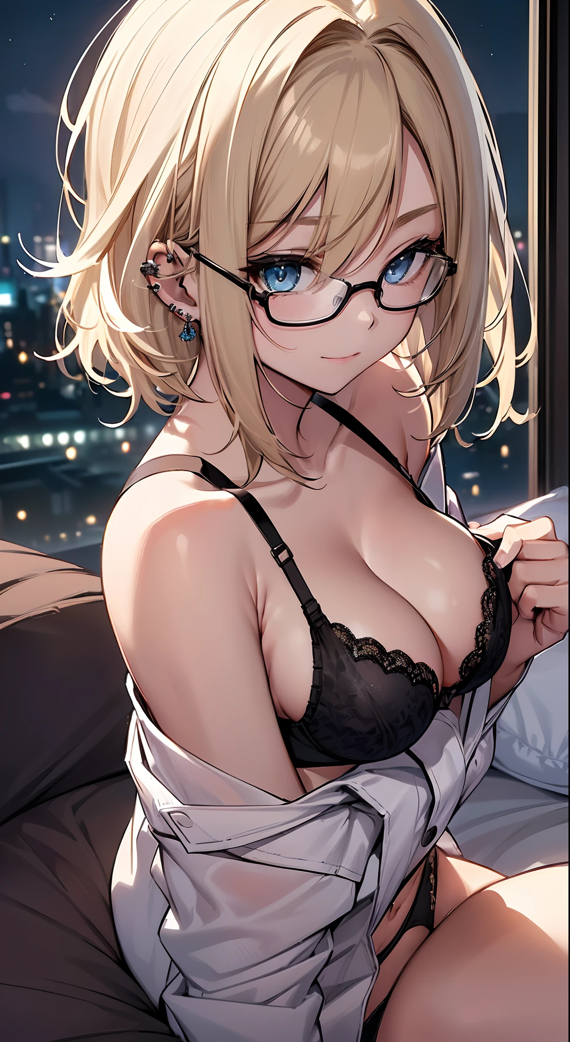 top-quality、Top image quality、in 8K,4K,masterpiece、(NSFW:1.2)、ultra-detailliert、Beautiful、ultra-quality、cute little、Style like a model、girl with(((18year old、Black bra、Black panties、Bust 92、a blond、cleavage of the breast、Short straight hair、Blue eyes、eye glass、erotick:1.1、Happiness、Ear-piercing)))、lying back on、hiquality、visualart、Background with((Bedroom at night:1.4、a bed))、masutepiece、