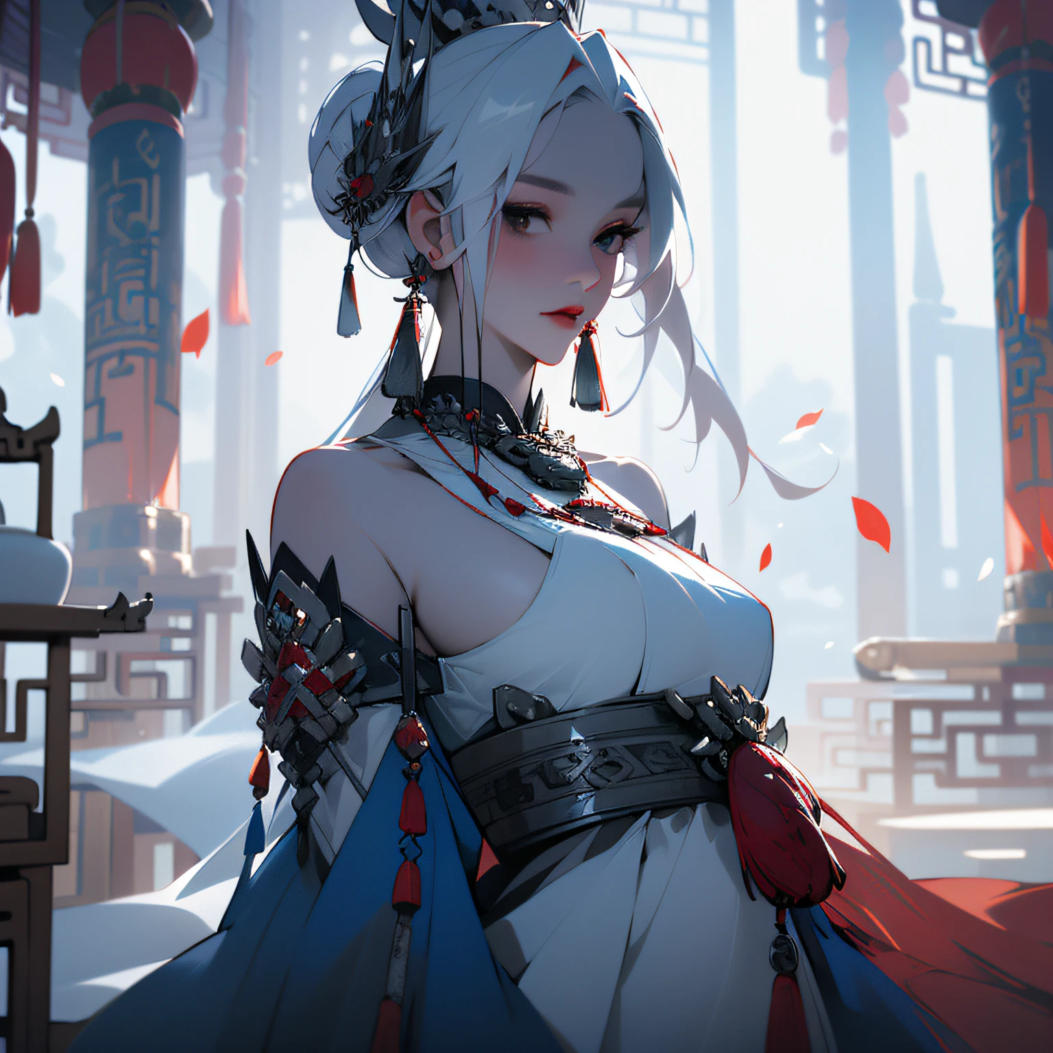 masterpiece, best quality, 8k, insane details, intricate details, hyperdetailed, hyper quality, high detail, ultra detailed, Masterpiece,
solo focus, 1girlsololooking at viewerred lipsclosed mouthmedium breasts (Milky skin, shiny skin:1.3)(upper body:1.0), (white hair:1.5)
(chinese clothes:1.3), dressblue dressclothing cutoutlong sleeves(tassel earringshair ornamentnecklace:1.2), updohair bunbare shoulders, detached sleeves,
architecture, indoorseast asian architecturepetals, falling petals, lantern,