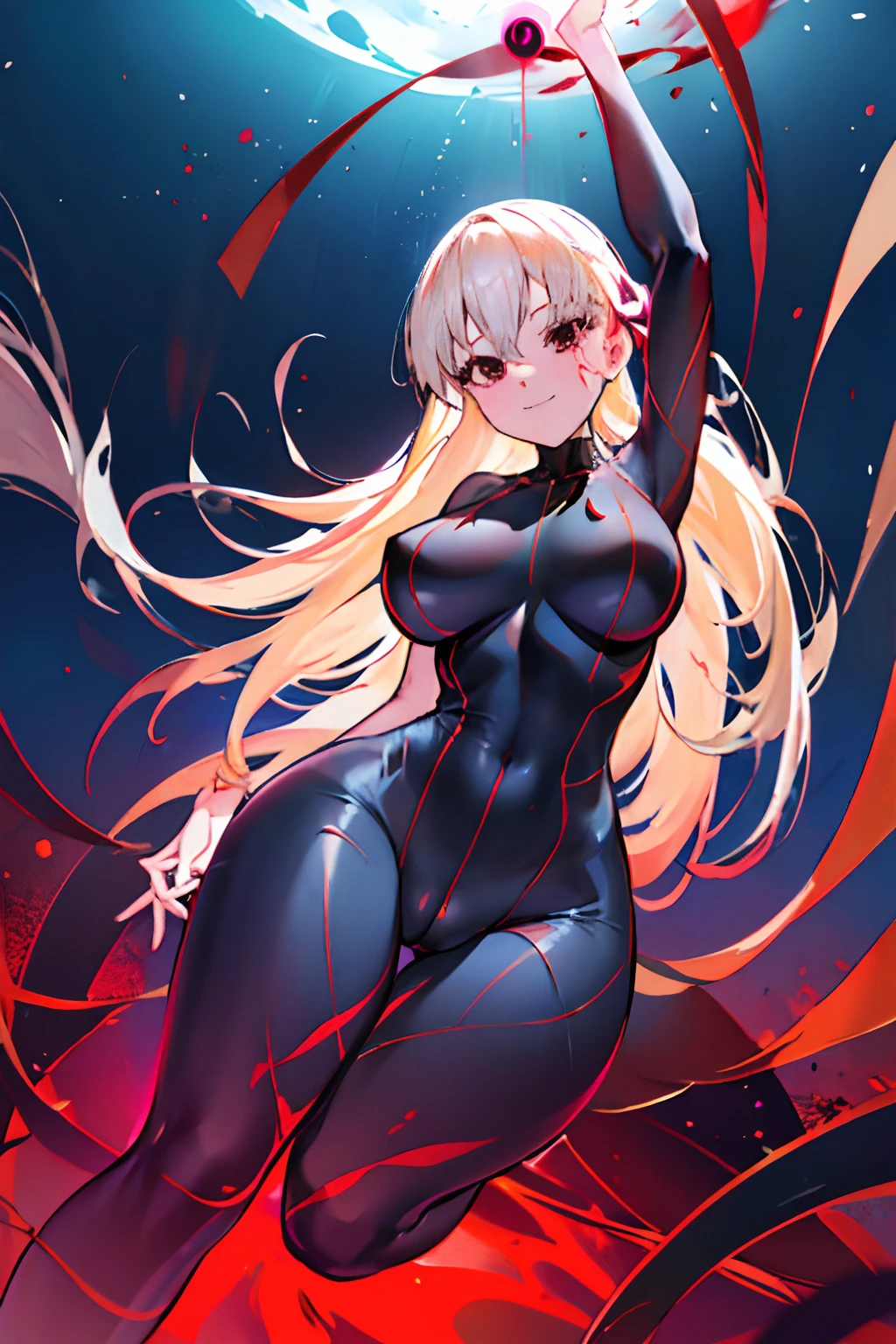 Anime style face a blond Black full body suit Red lines all over the body huge tit Big ass Whip thighs bare-legged seductiv a smile succubus Glowing patterns all over the body