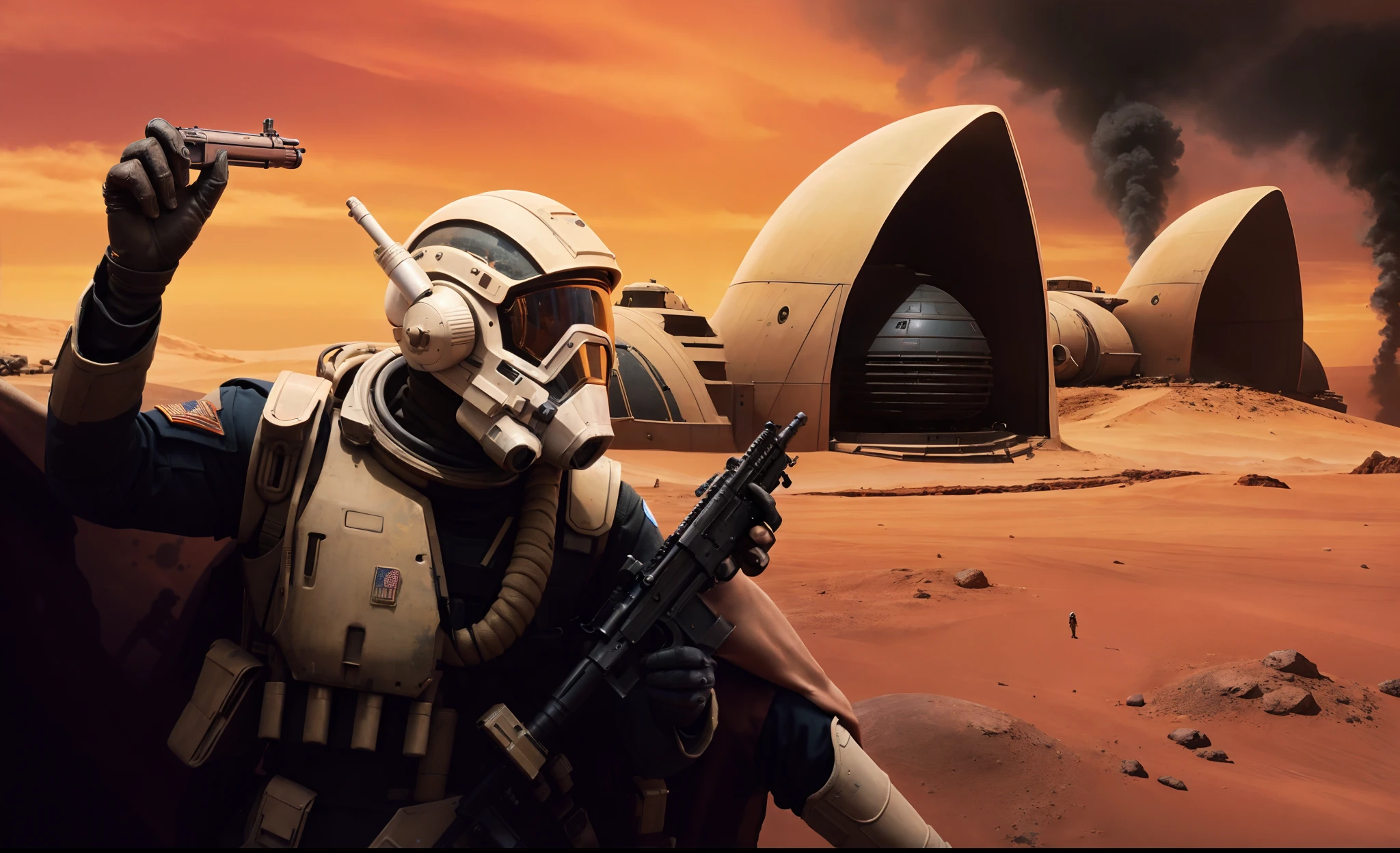 masterpiece, high quality, detailed person, detailed art, soldier holding a gun near a building, 1980s art, space armor, space helmet, military equipment, holding gun, action ppose, helmet with vizor, helmet with air filter mask, military chris foss, mars colony, in an arena in dune 2021, space opera and dystopian style, american soldiers invaded mars, battletech style, space soldier on mars with a gun, 8 0 s art, cylon, depicted as a scifi scene, a lot of details