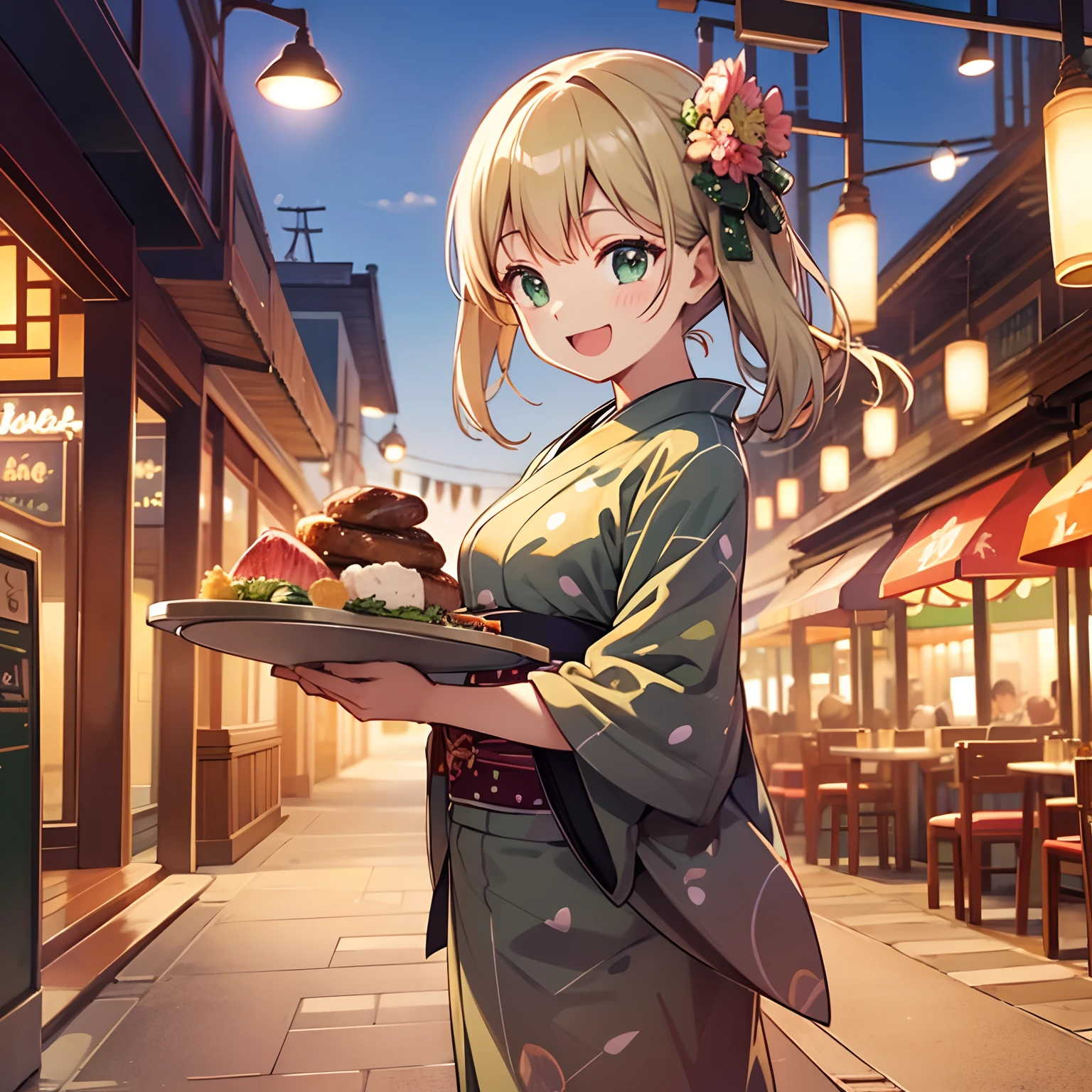 Beautiful green polka dot pattern kimono,Beautiful restaurant background,Have a steak dishes on a tray,happy laugh,
